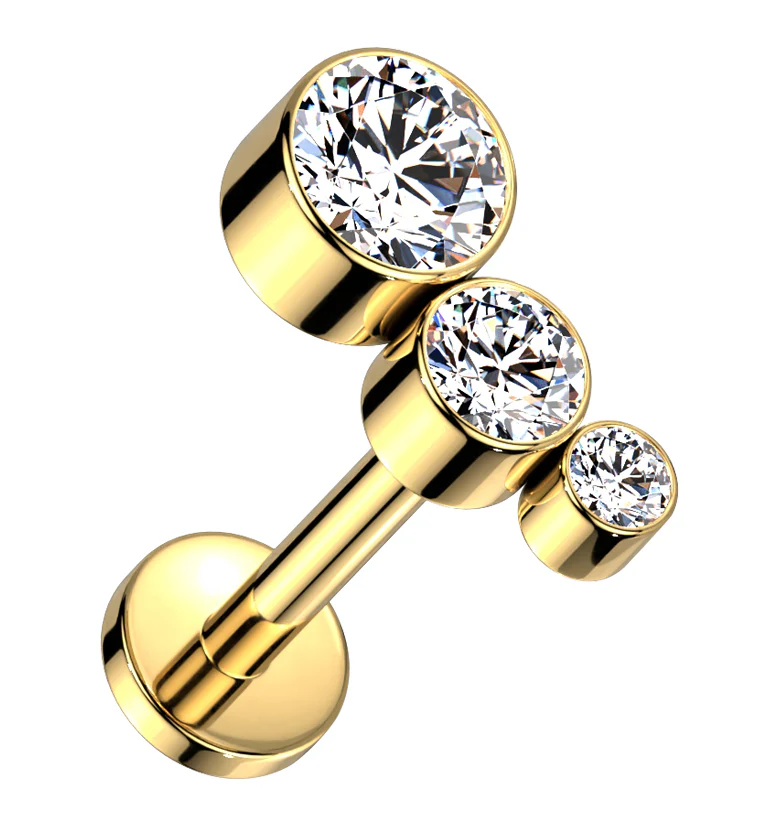 Gold PVD Crescendo Clear CZ Titanium Internally Threaded Labret - Mrs Treak