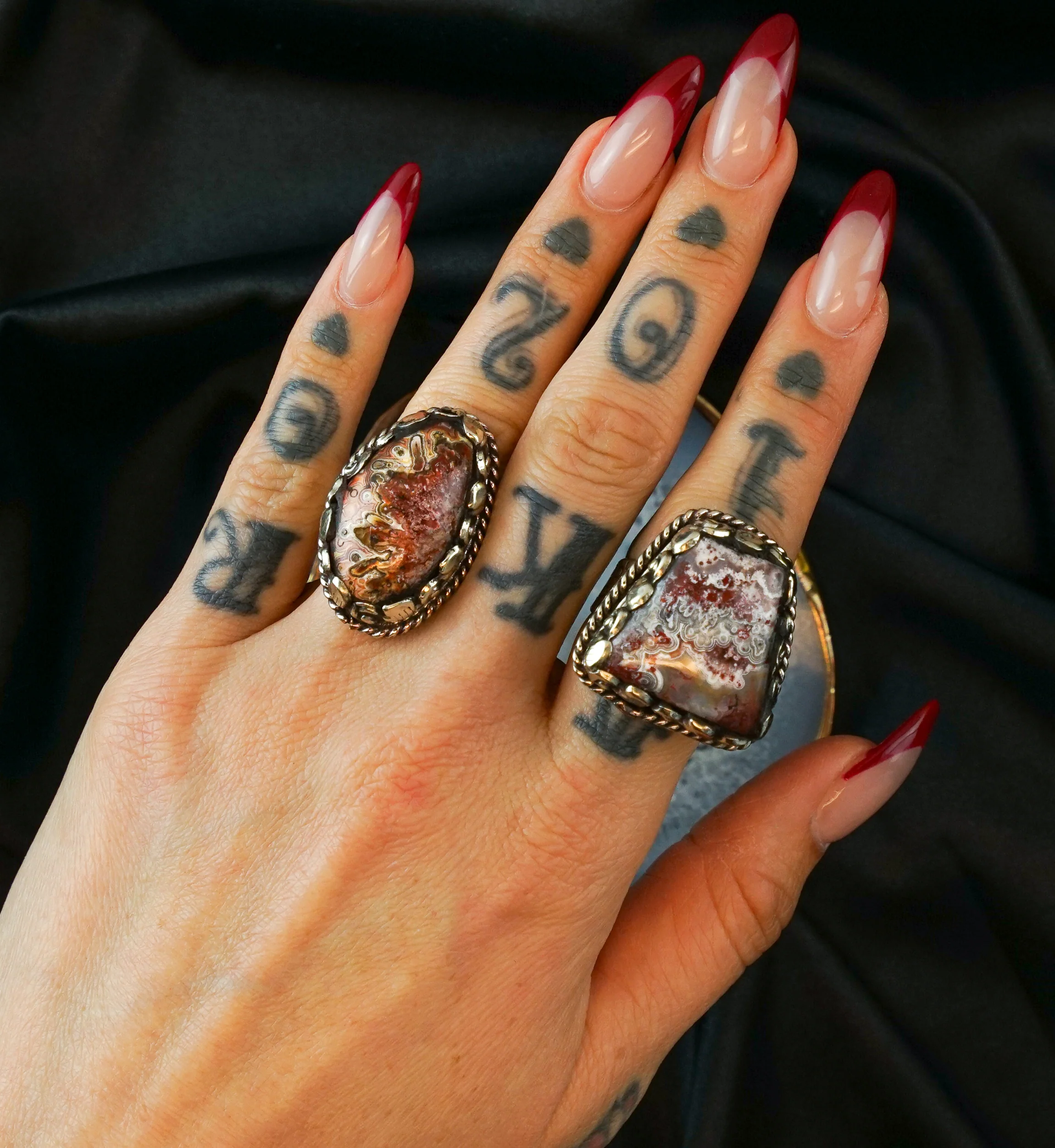 Ornate Crazy Lace Agate Stone White Brass Ring - Mrs Treak