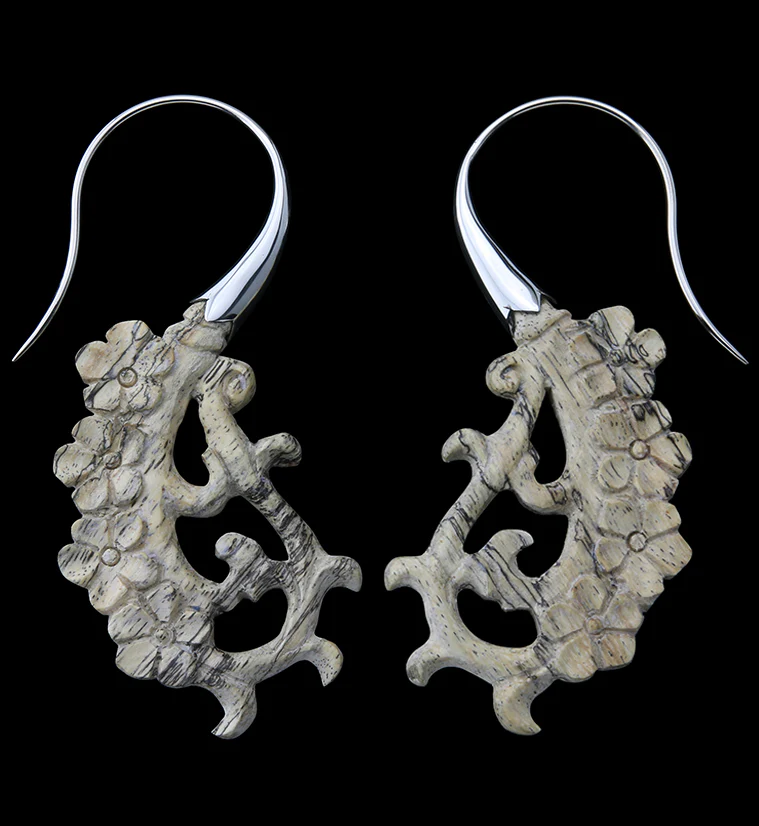 18G Floral White Brass Tamarind Wood Hangers / Earrings - Mrs Treak