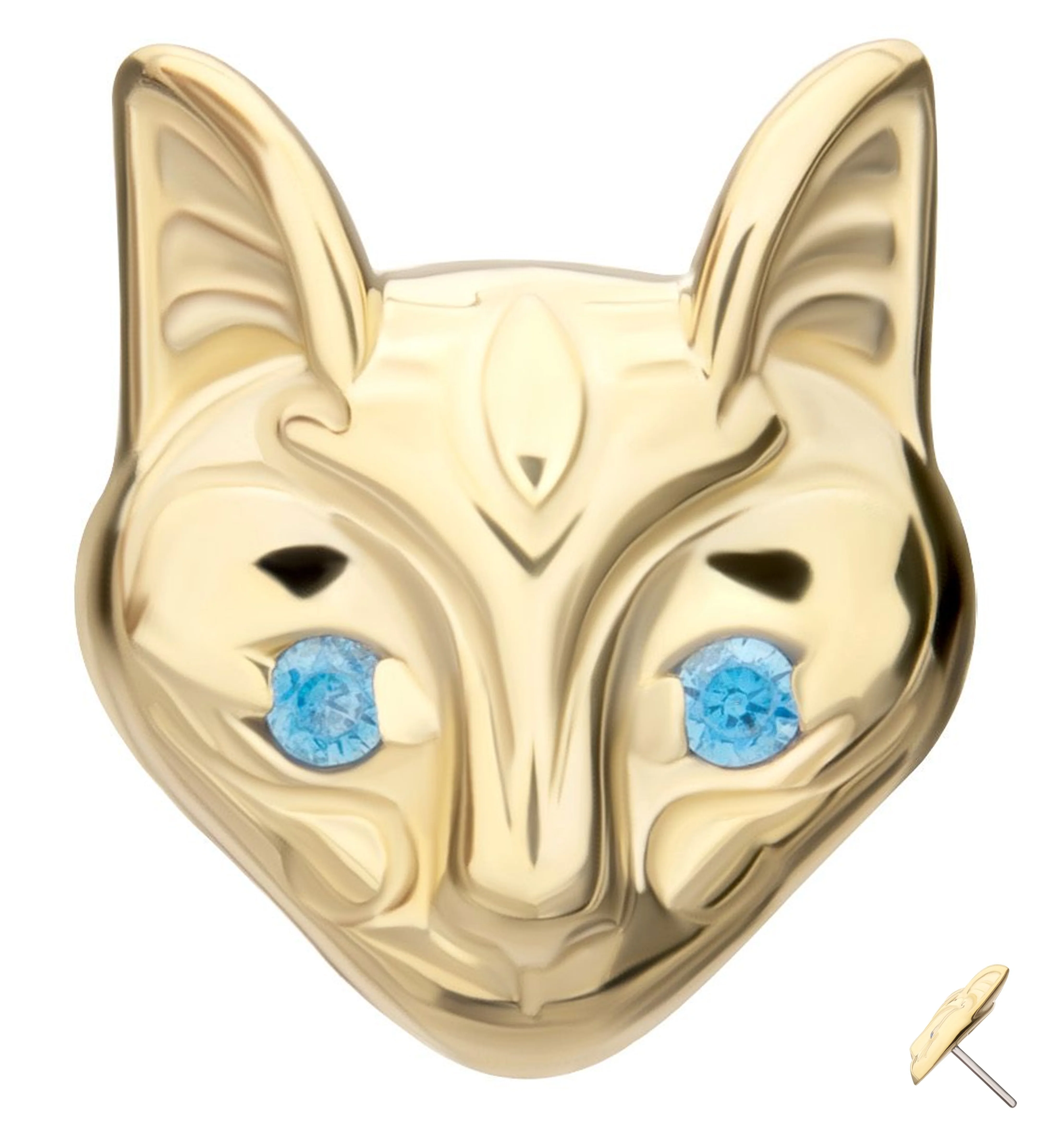 14kt Gold Sphynx Cat Head Aqua CZ Threadless Top - Mrs Treak