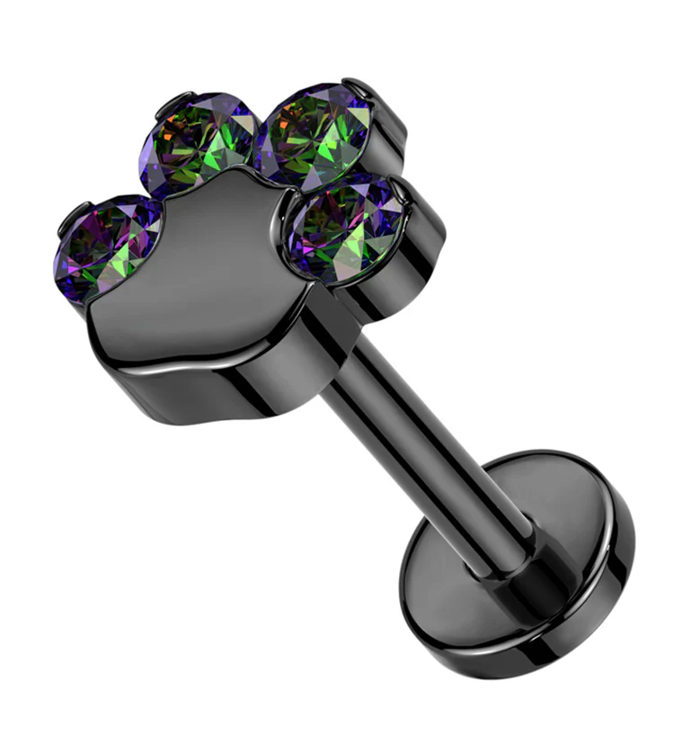 Black PVD Paw Print Black Aurora CZ Titanium Threadless Labret - Mrs Treak