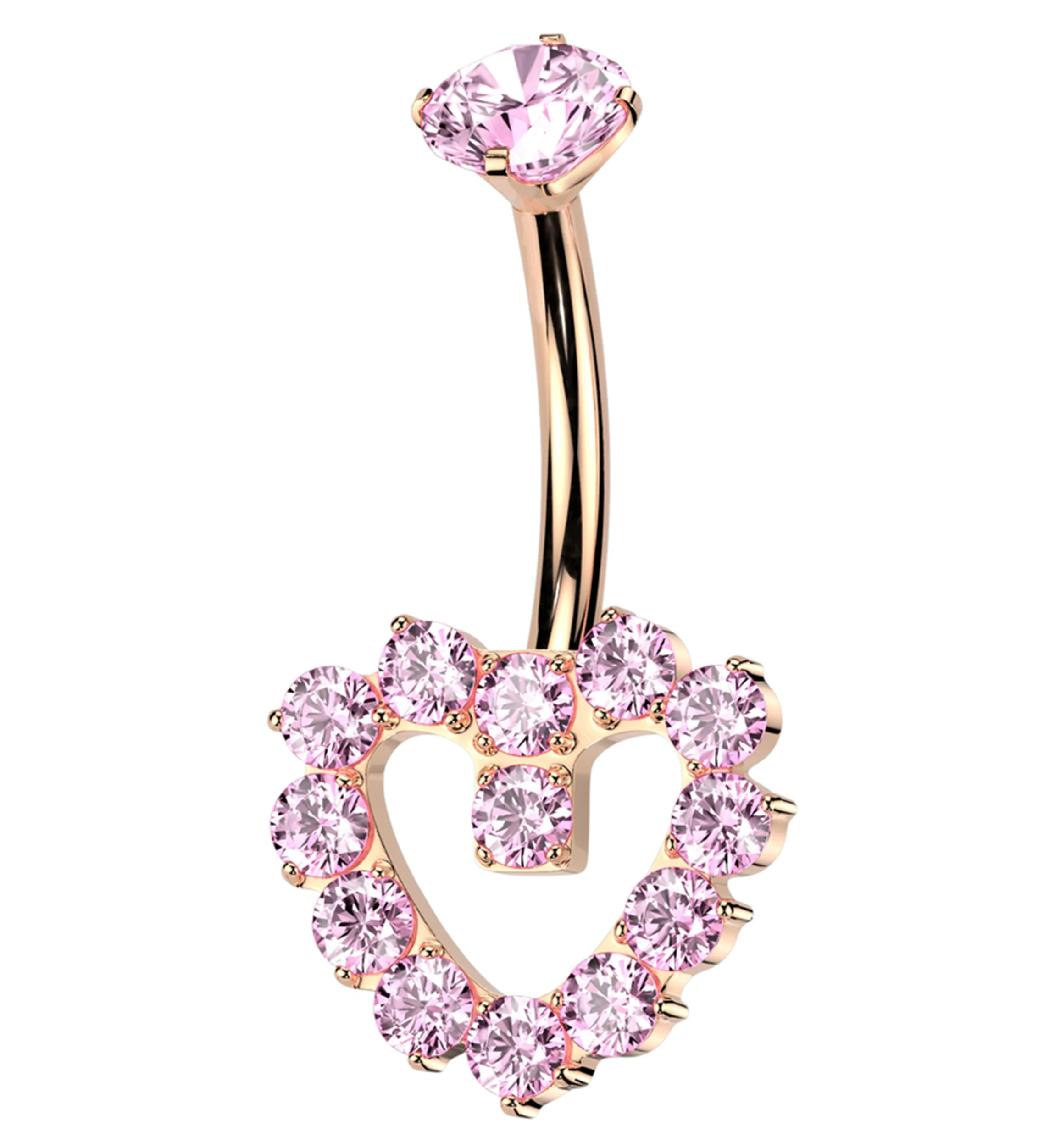 Rose Gold PVD Hollow Heart Pink CZ Titanium Internally Threaded Belly Button Ring - Mrs Treak