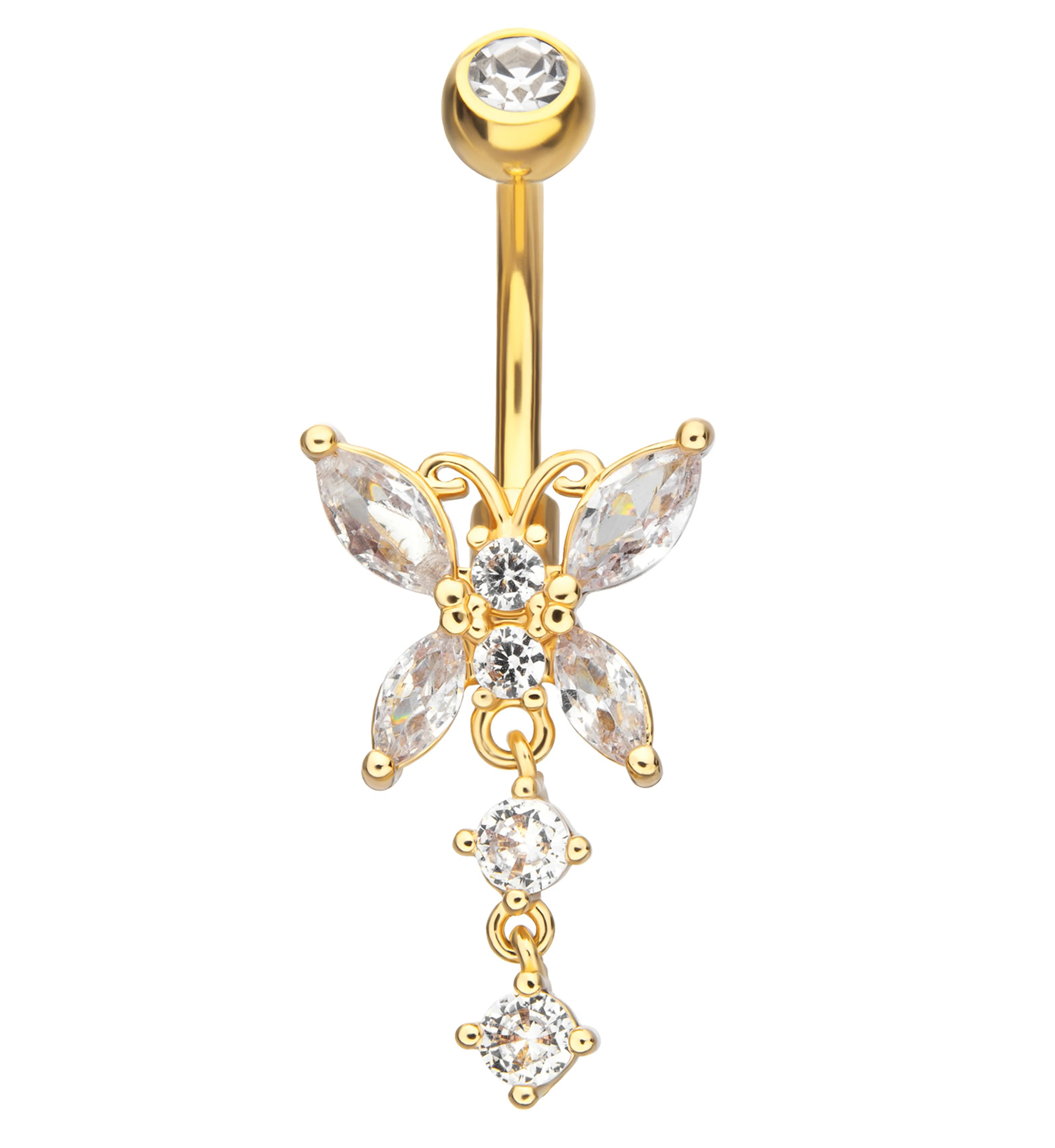 Gold PVD Fluttering Butterfly Clear CZ Dangle Stainless Steel Belly Button Ring - Mrs Treak