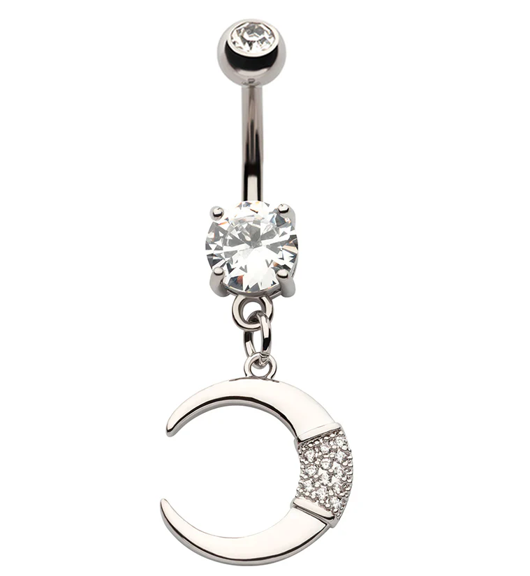 Pave CZ Crescent Moon Dangle Stainless Steel Belly Button Ring - Mrs Treak