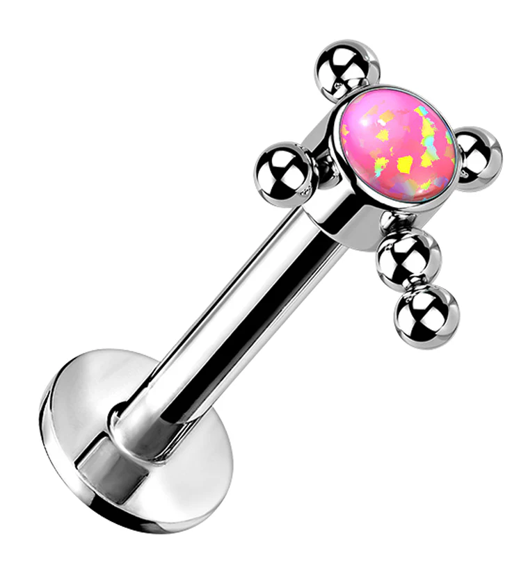 Beaded Cross Pink Opalite Titanium Threadless Labret - Mrs Treak