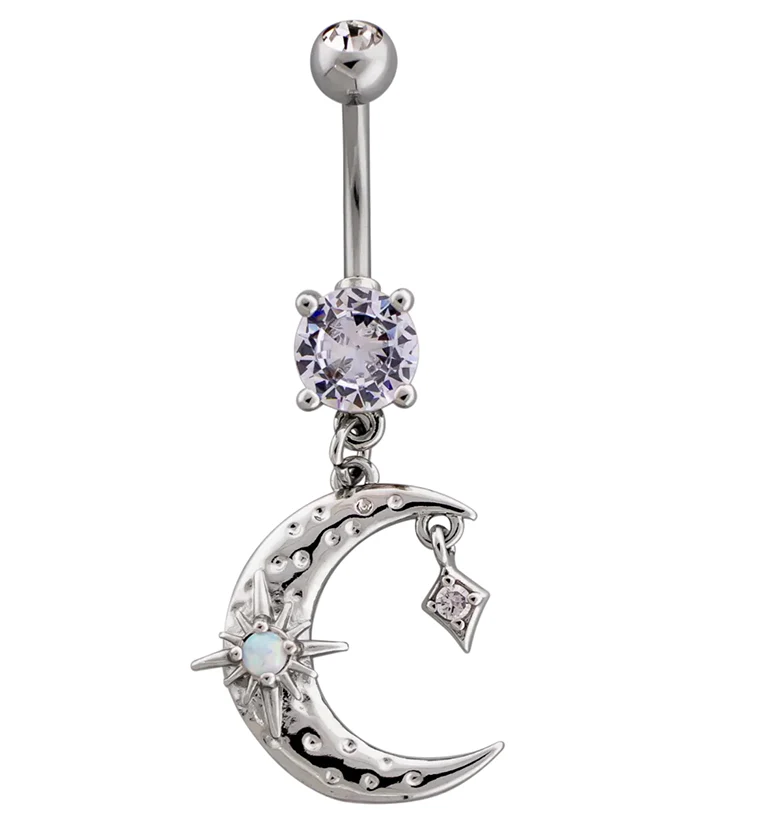 Hammered Crescent Moon White Opalite Star Dangle Stainless Steel Belly Button Ring - Mrs Treak