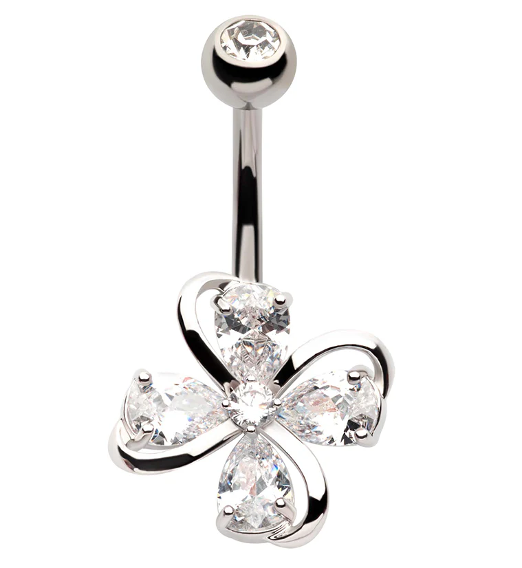 Clover Teardrop CZ Stainless Steel Belly Button Ring - Mrs Treak