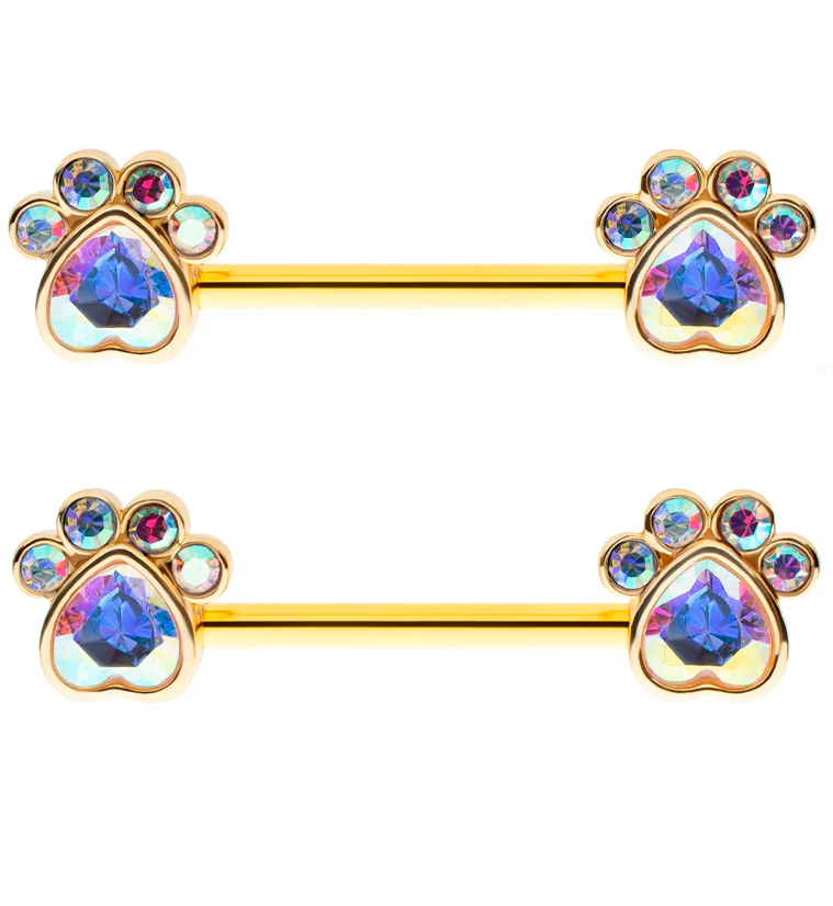 Gold PVD Paw Print Rainbow Aurora CZ Stainless Steel Nipple Barbell - Mrs Treak