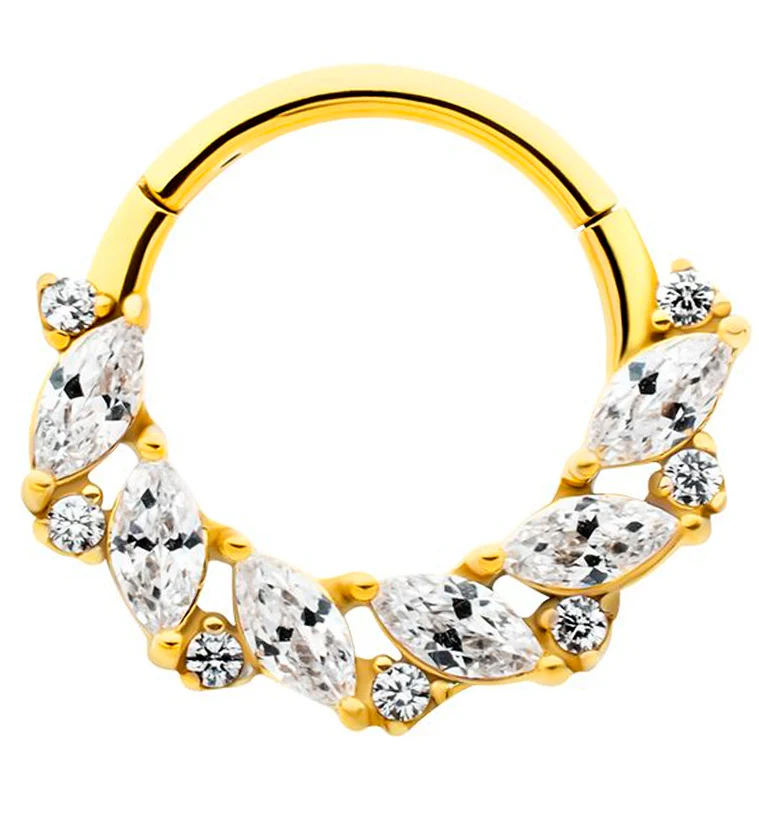Gold PVD Laurel Clear CZ Stainless Steel Hinged Segment Ring - Mrs Treak