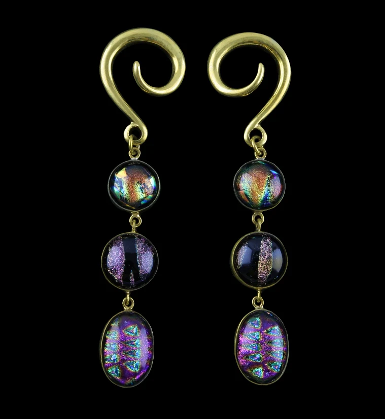 Triple Dichroic Glass Cab Brass Ear Weights - Mrs Treak