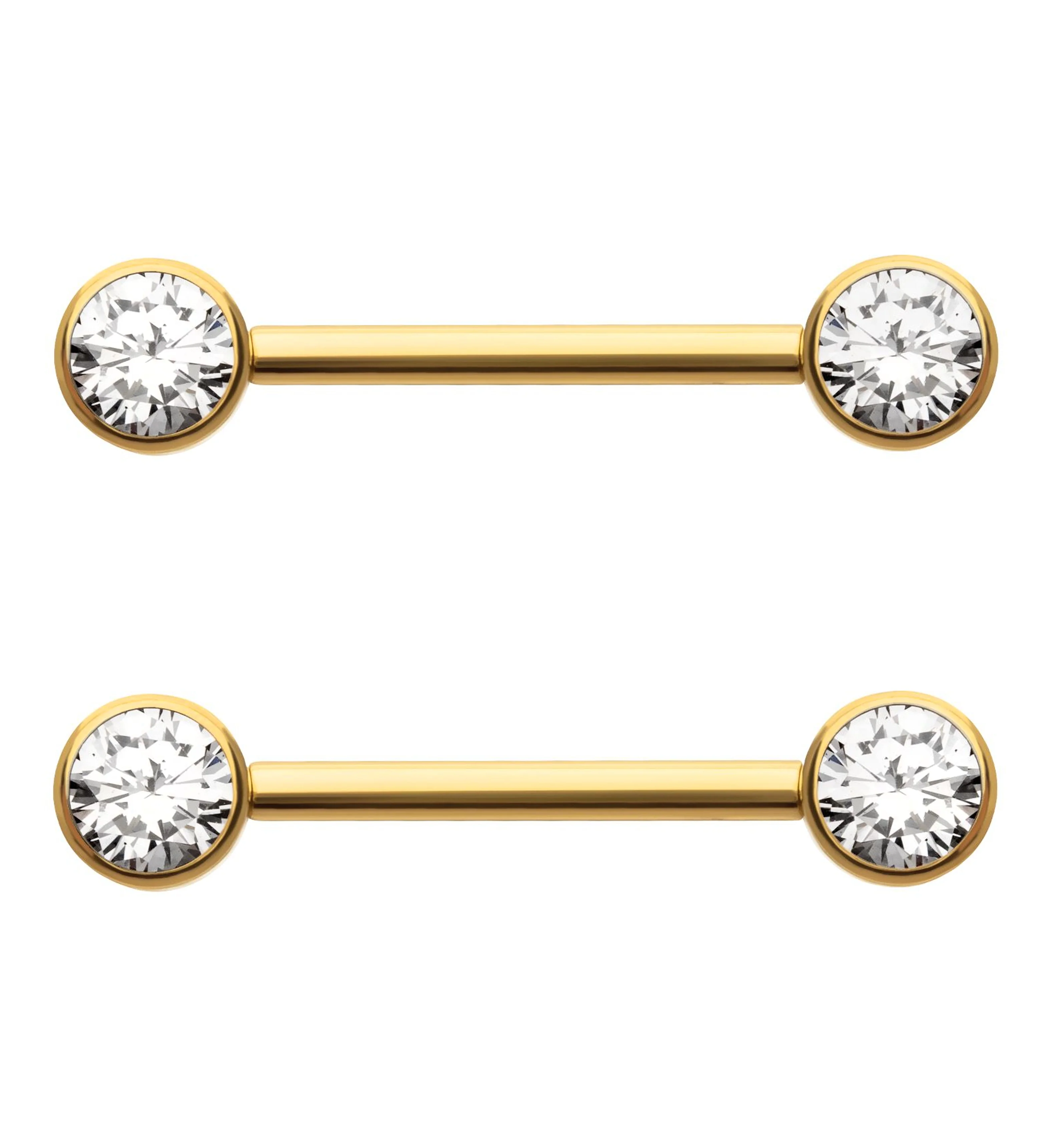 24kt Gold PVD Bezel Clear CZ Threadless Titanium Nipple Barbells - Mrs Treak