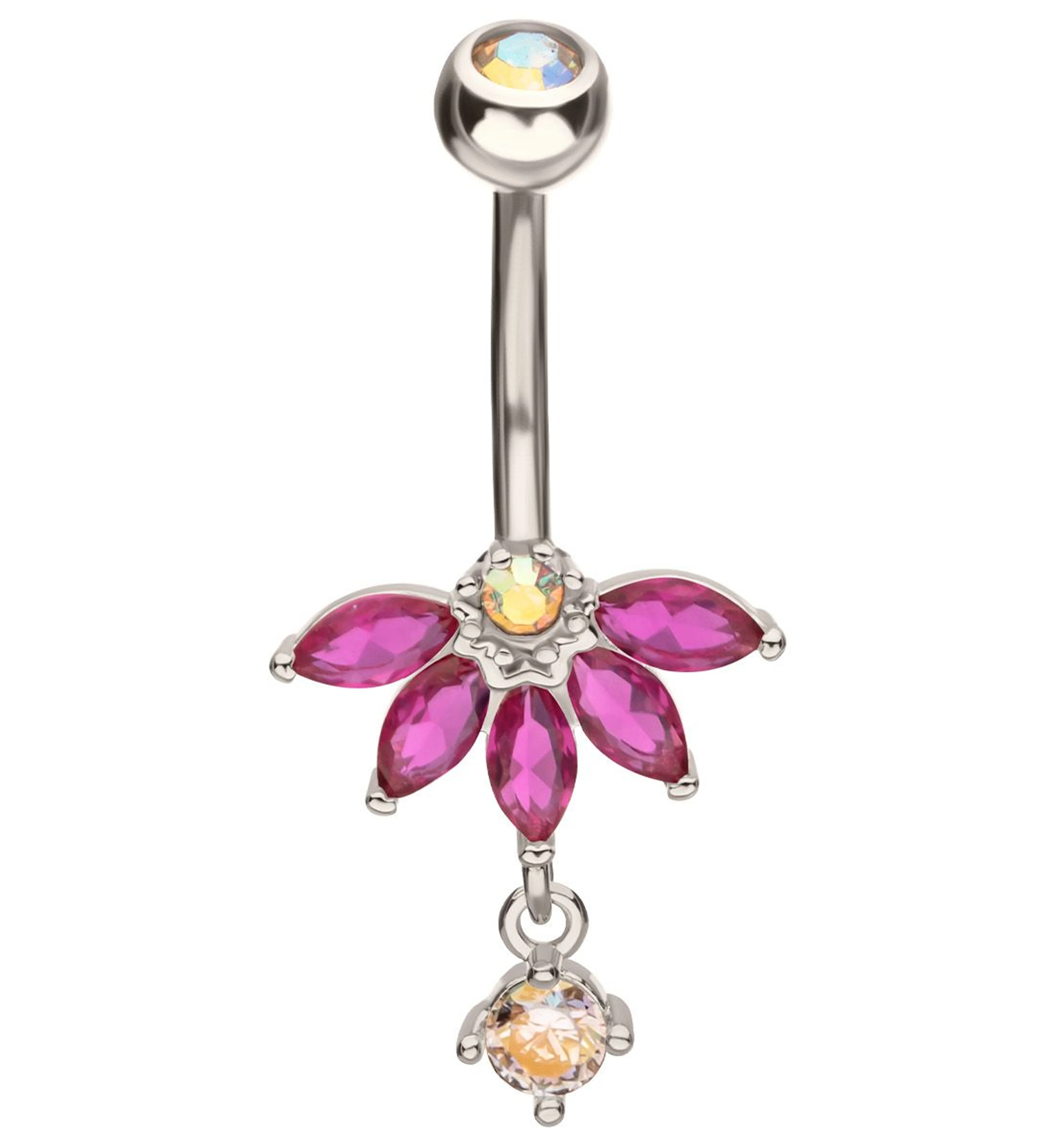 Half Flower Rainbow Aurora And Fuchsia CZ Dangle Stainless Steel Belly Button Ring - Mrs Treak