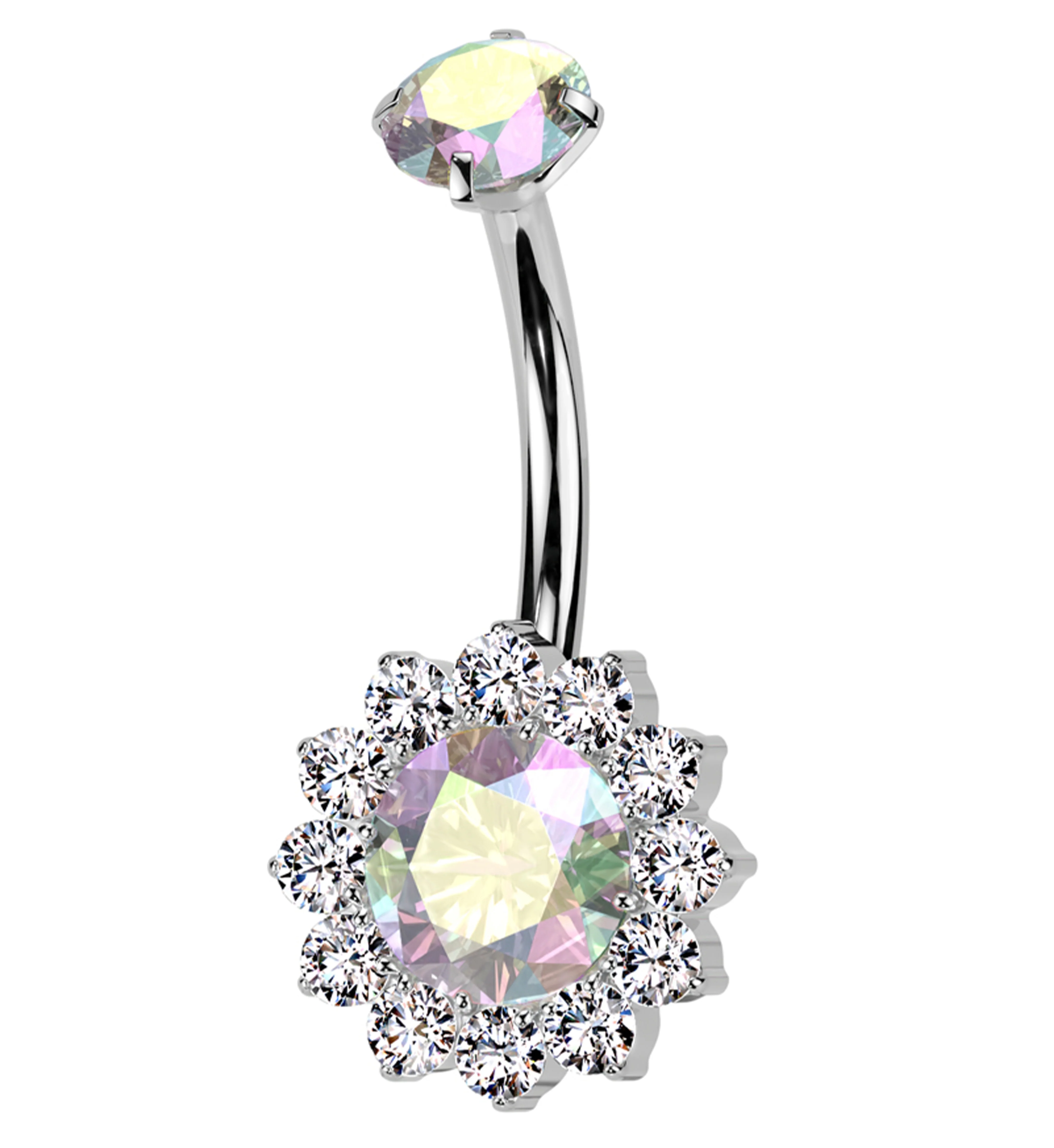Rainbow Aurora CZ Bold Flower Titanium Internally Threaded Belly Button Ring - Mrs Treak