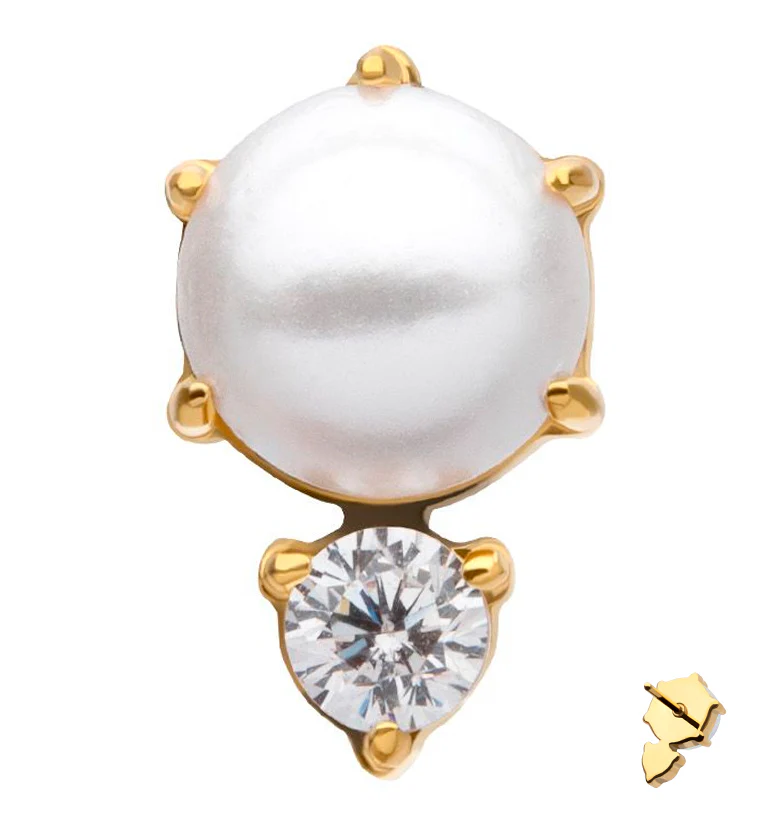 24kt Gold PVD Pearl Shell Drop Clear CZ Titanium Threadless Top - Mrs Treak