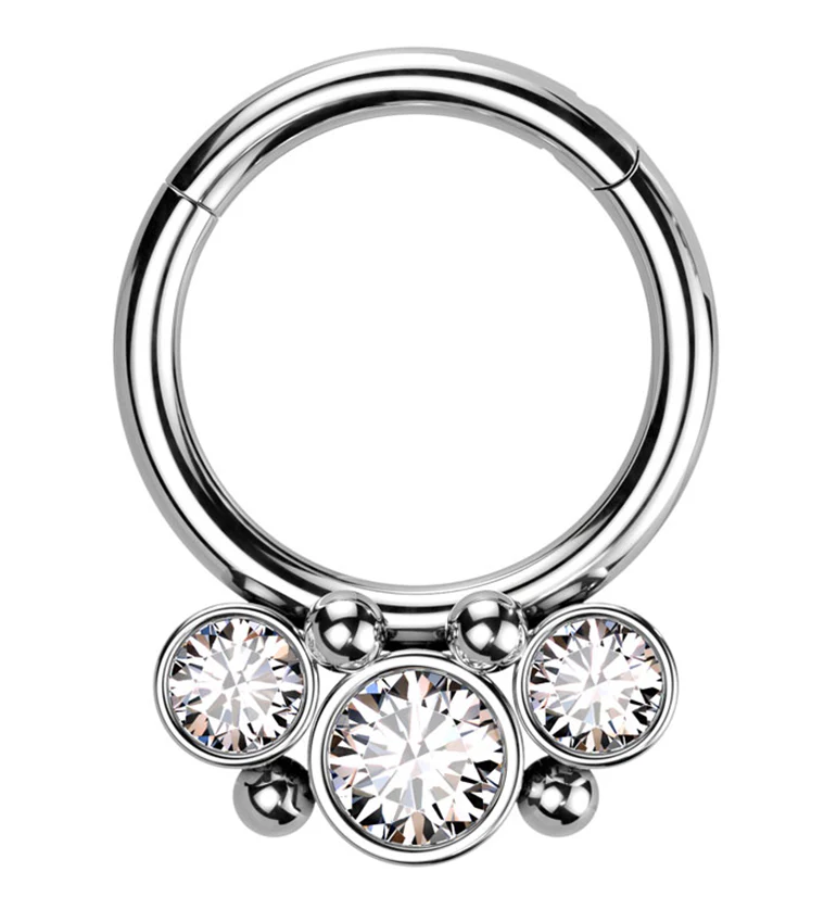 Triple Beaded Clear CZ Stainless Steel Hinged Segment Ring - Mrs Treak