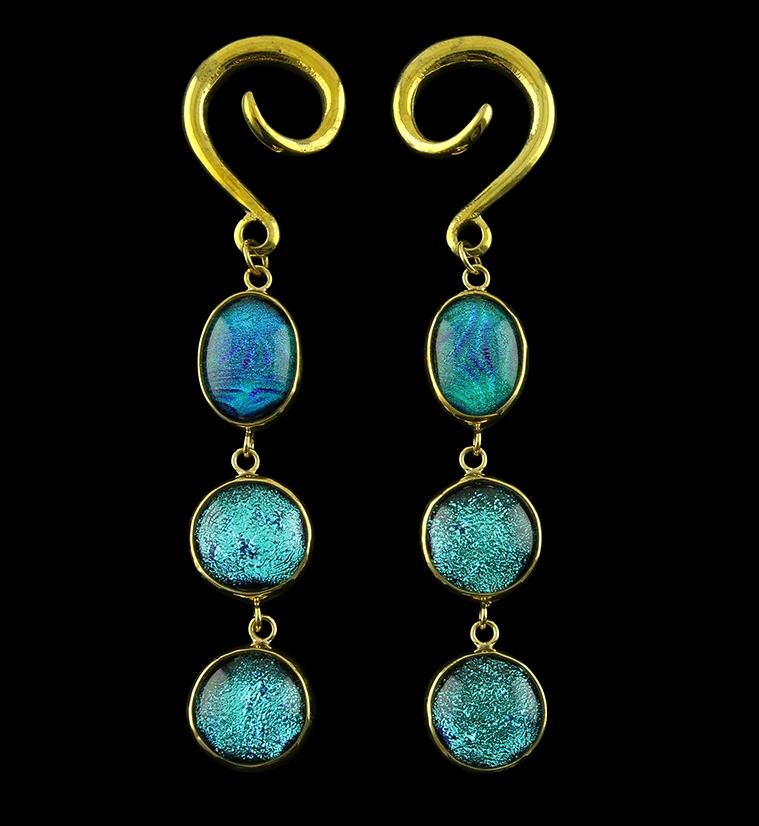 Seafoam Triple Circular Dichroic Glass Brass Ear Weights - Mrs Treak