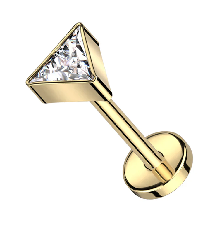 Gold PVD Triangle Clear CZ Threadless Titanium Labret - Mrs Treak