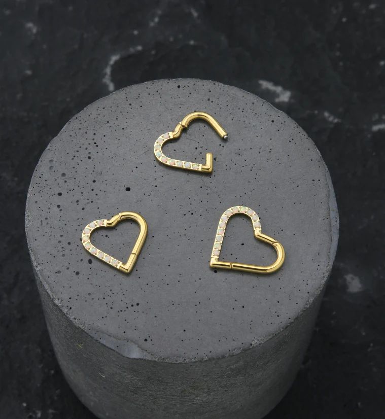 Gold PVD Heart Half Lined White Opalite Titanium Hinged Segment Ring - Mrs Treak