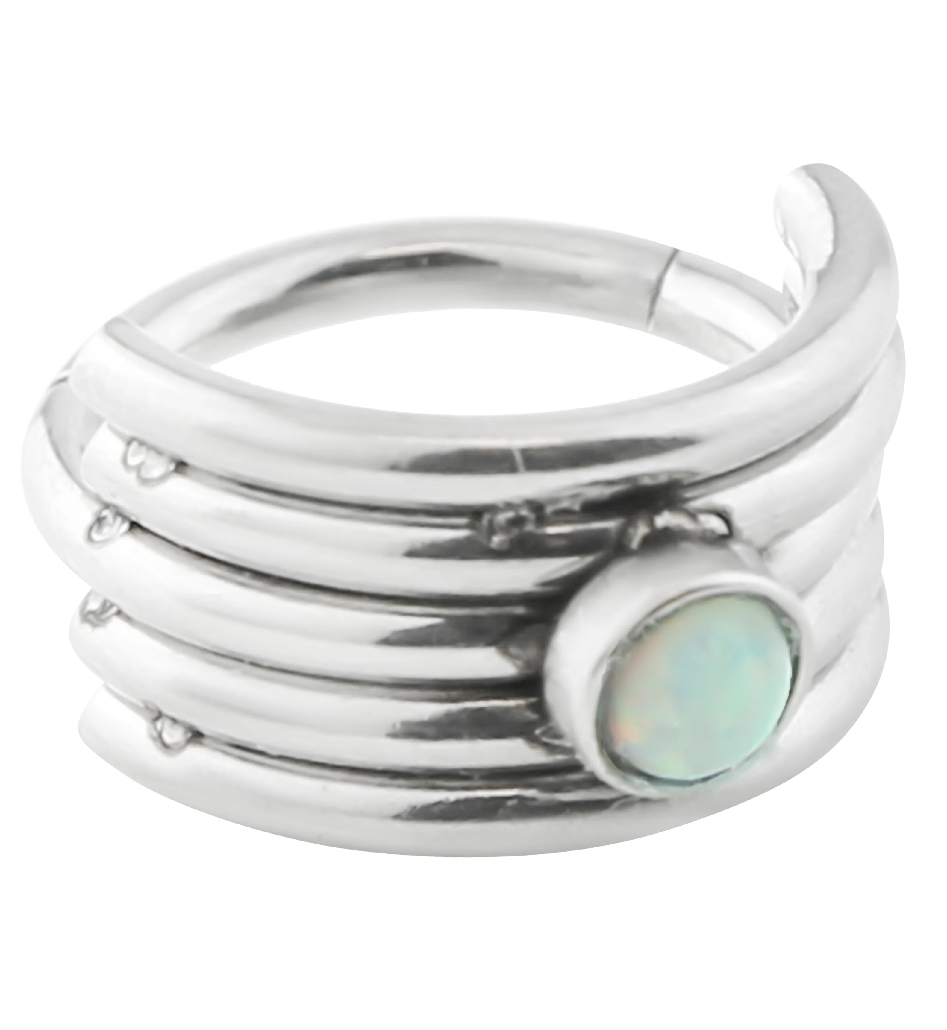 White Opalite Stacked Stainless Steel Hinged Cuff Segment Ring - Mrs Treak