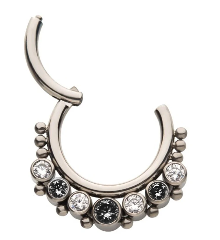 Black & Clear CZ Cluster Titanium Hinged Segment Ring - Mrs Treak