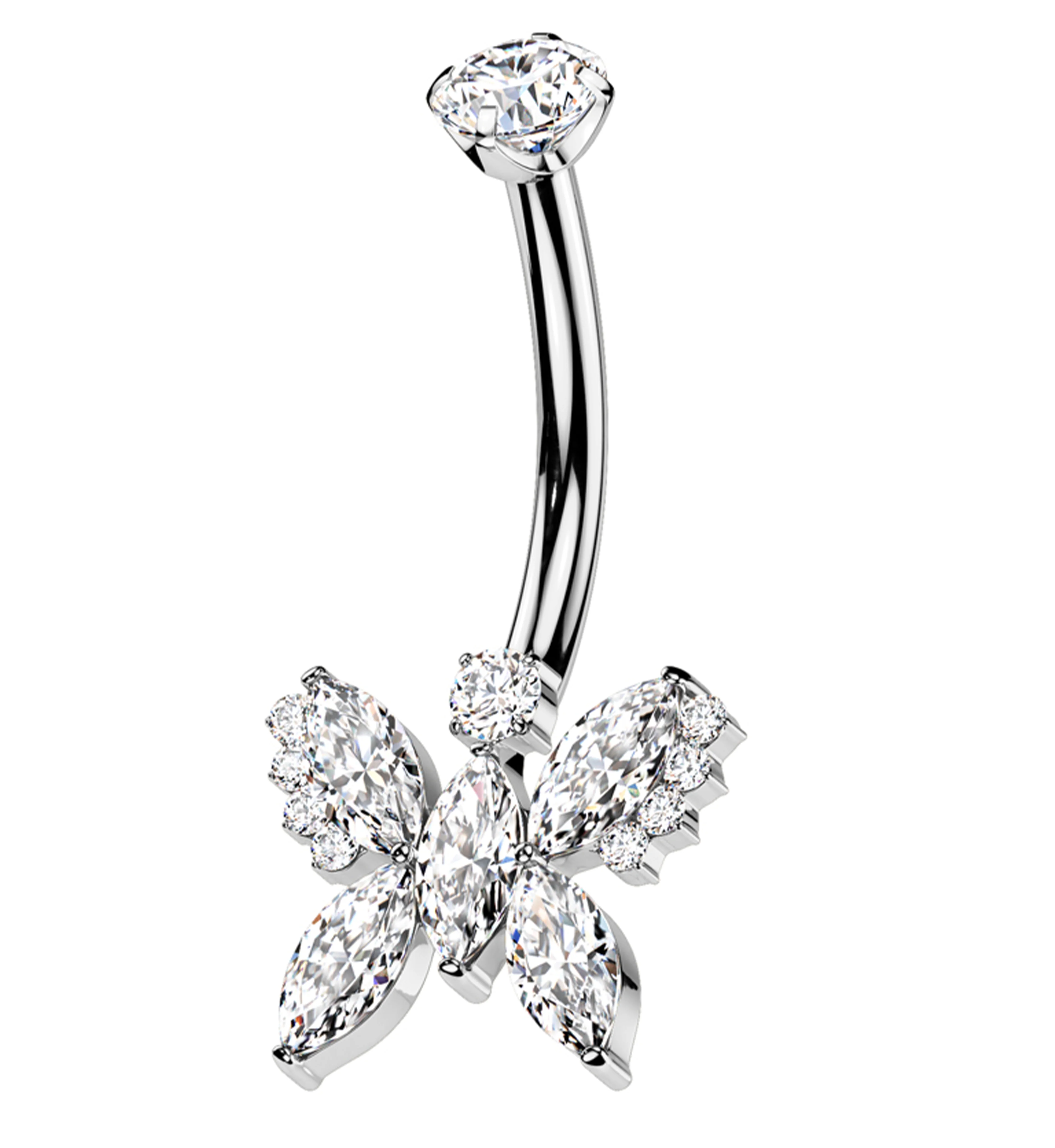 Marquise Butterfly Clear CZ Titanium Internally Threaded Belly Button Ring - Mrs Treak