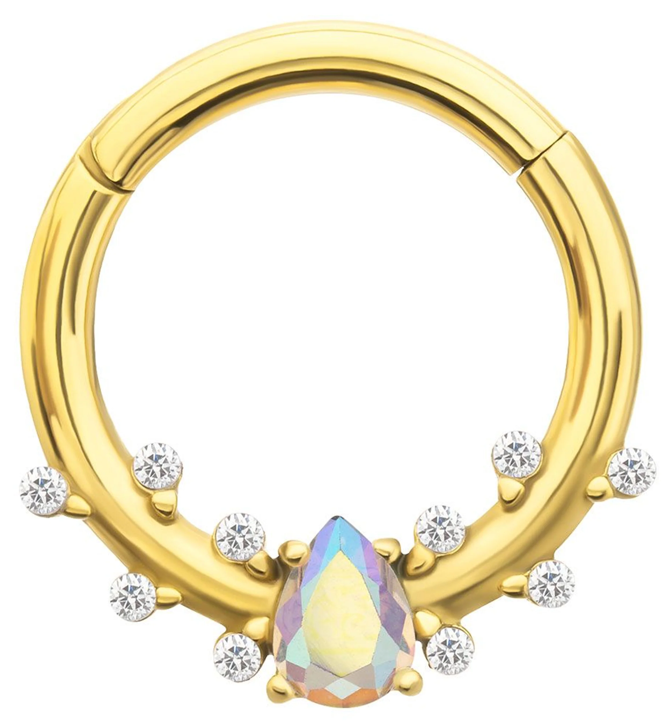 Gold PVD Teardrop Rainbow Aurora And Clear CZ Stainless Steel Hinged Segment Ring - Mrs Treak