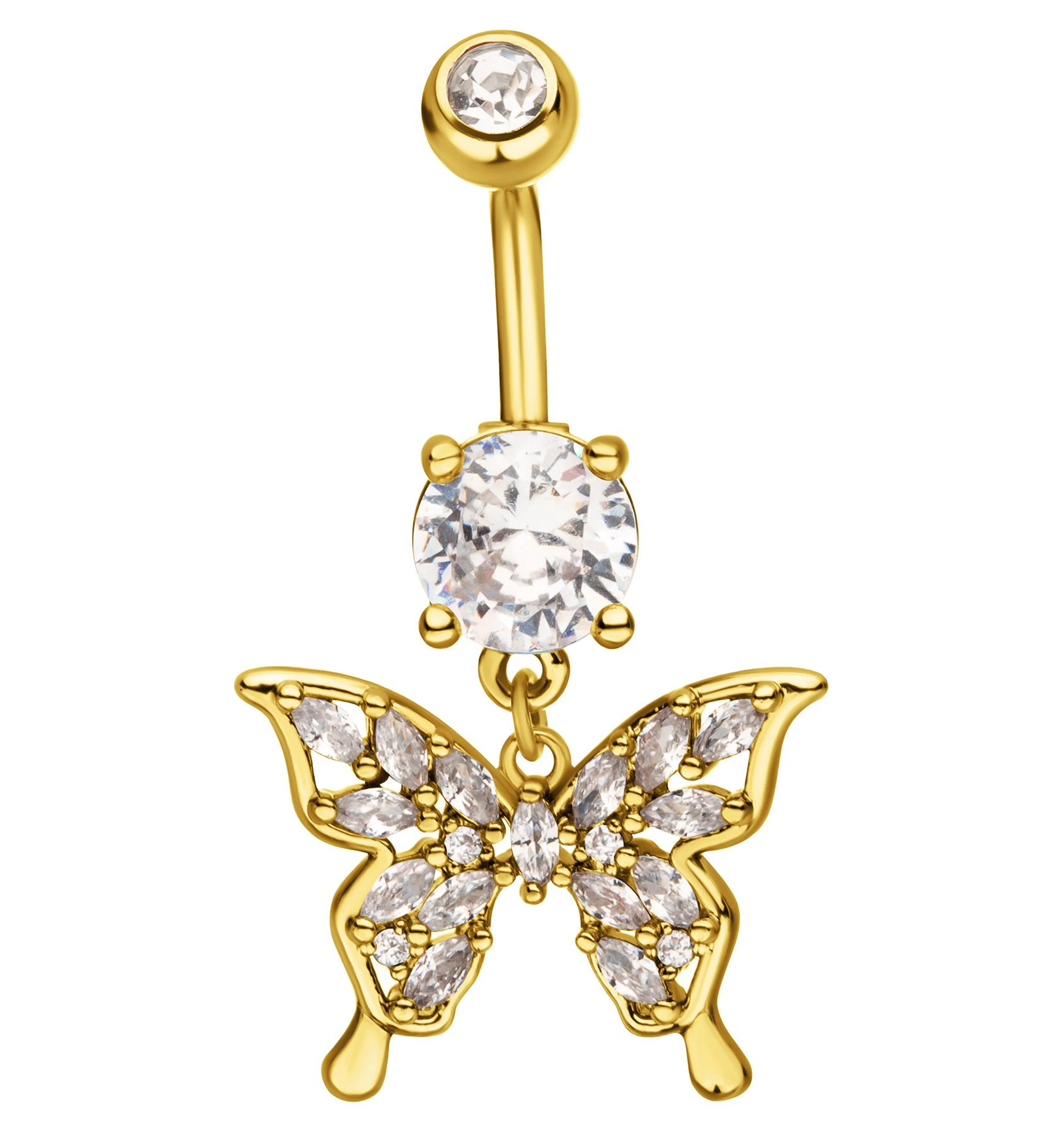 Gold PVD Butterfly Marquise CZ Filled Dangle Stainless Steel Belly Button Ring - Mrs Treak