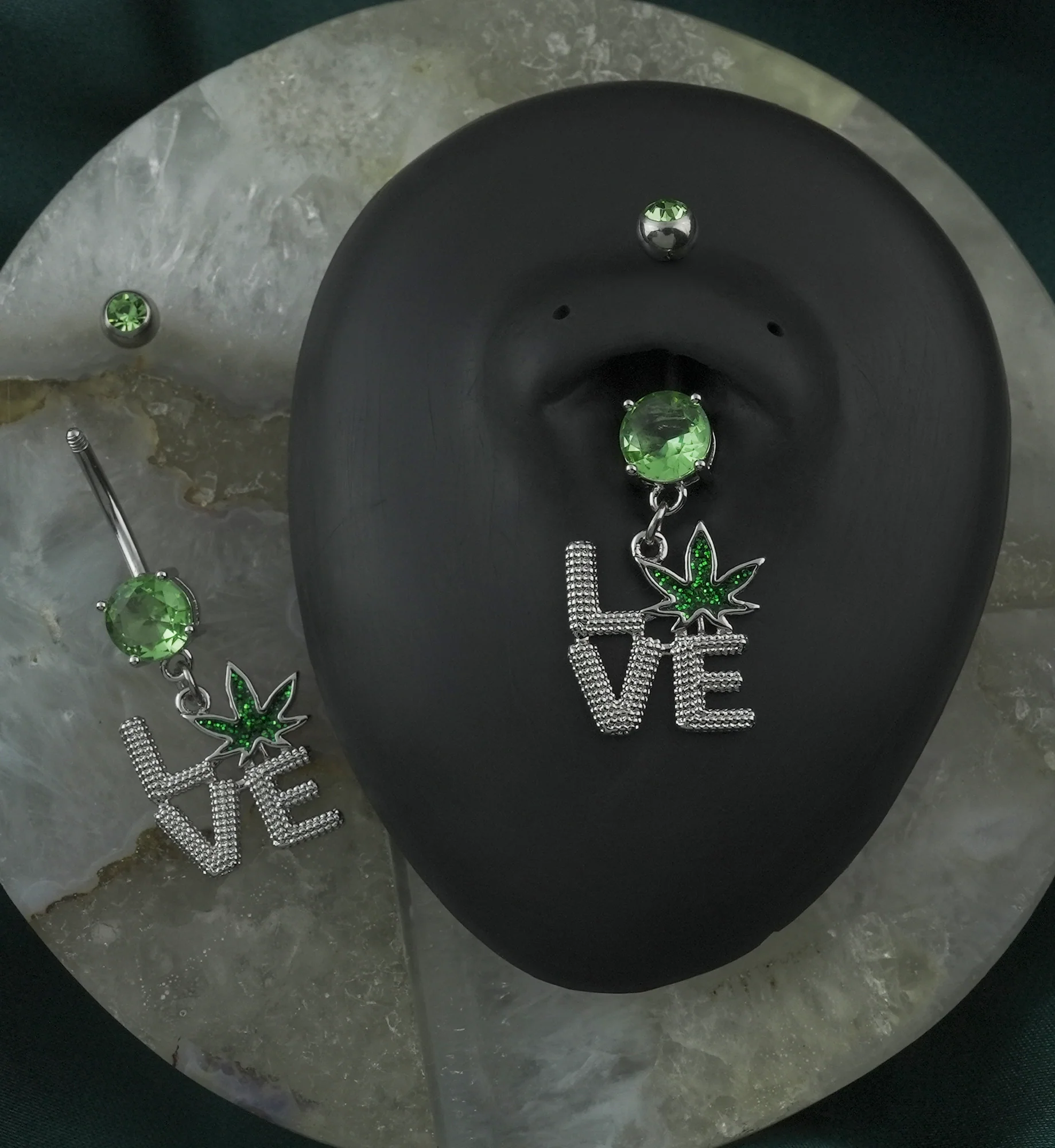 Love Hemp Leaf Green CZ Stainless Steel Belly Button Ring - Mrs Treak