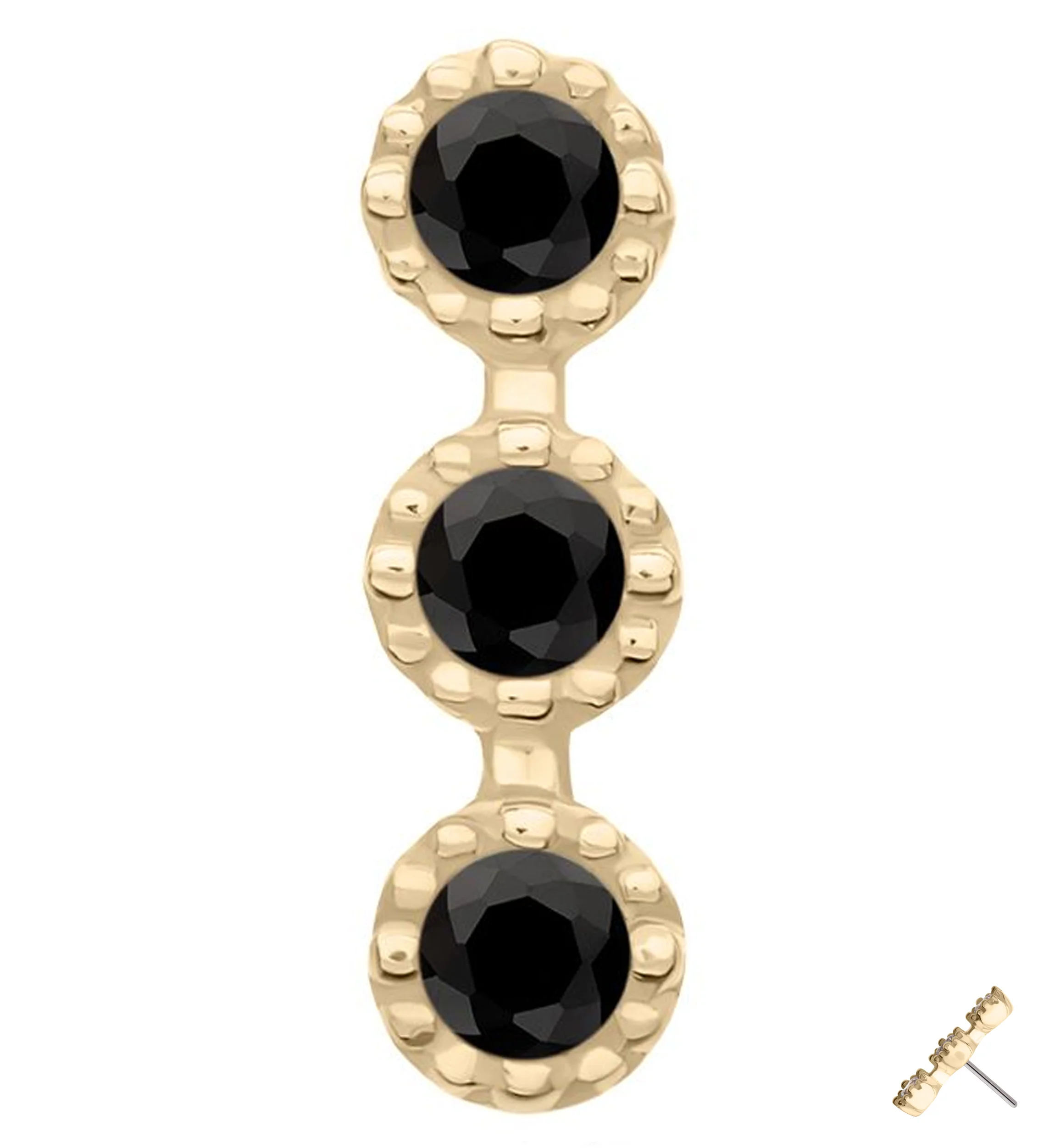 14kt Gold Triple Stacked Beaded Black CZ Threadless Top - Mrs Treak
