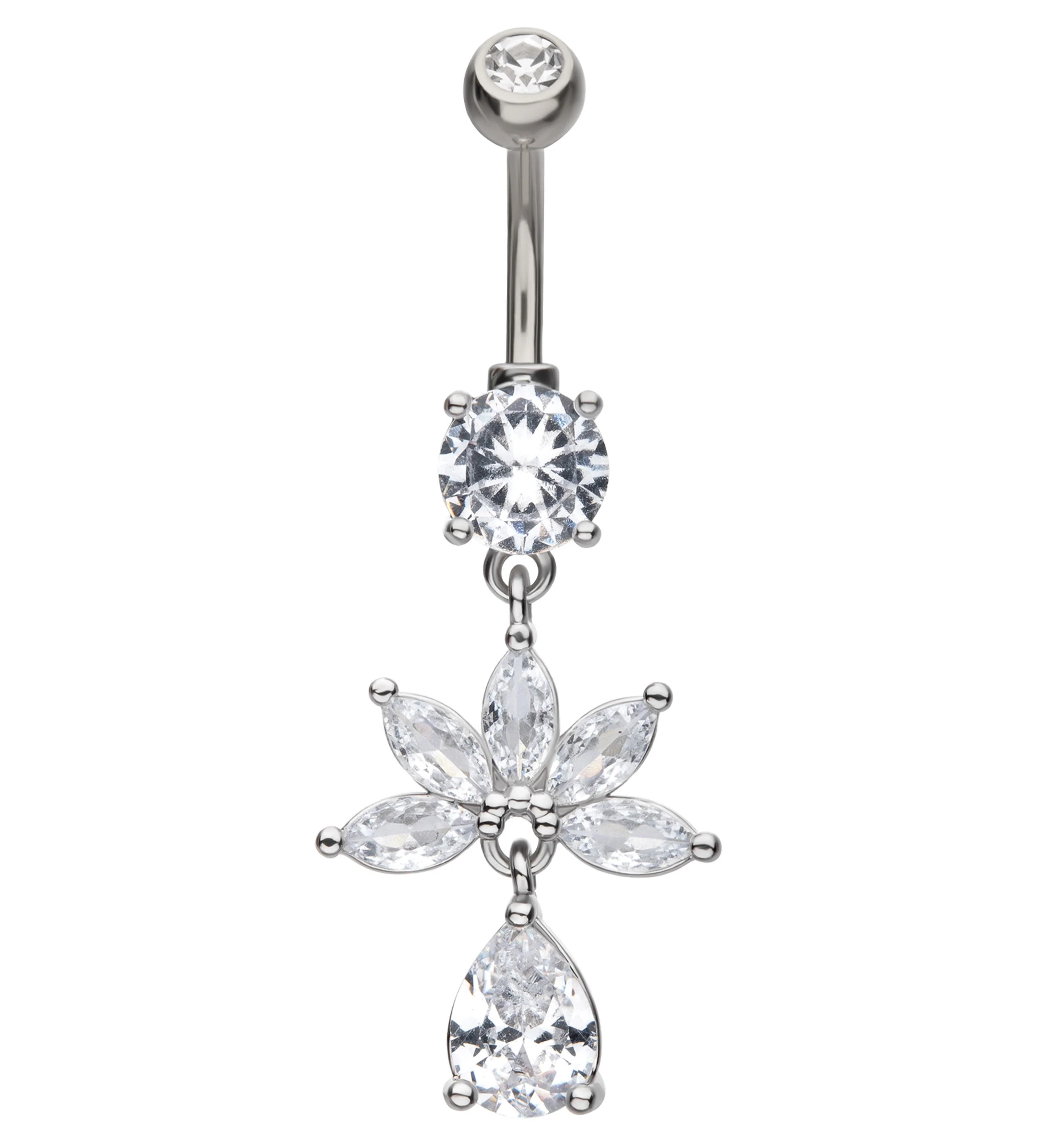 Half Flower Marquise Clear CZ Teardrop Dangle Stainless Steel Belly Button Ring - Mrs Treak