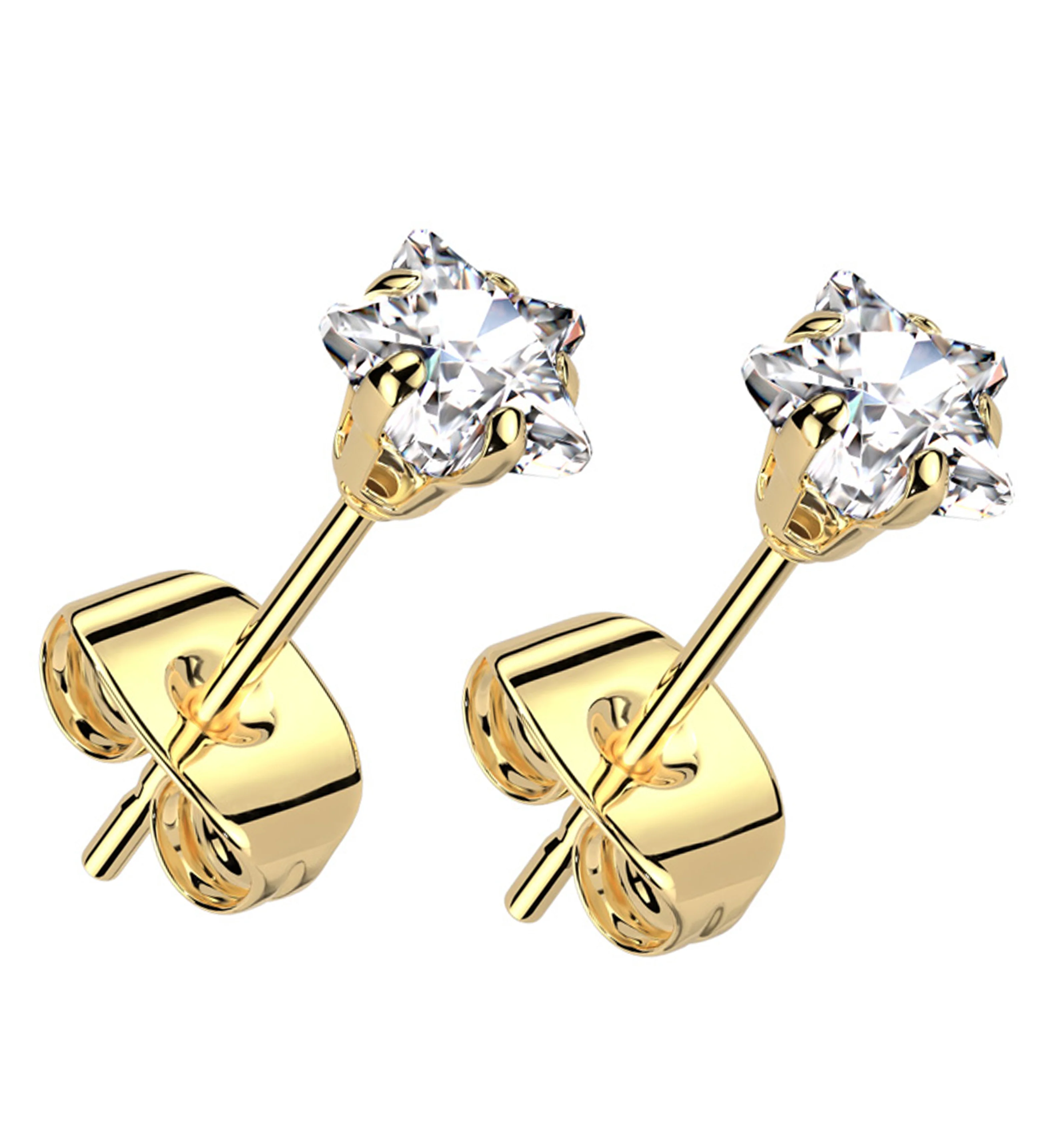 Gold PVD Prong Star Clear CZ Stainless Steel Stud Earrings - Mrs Treak