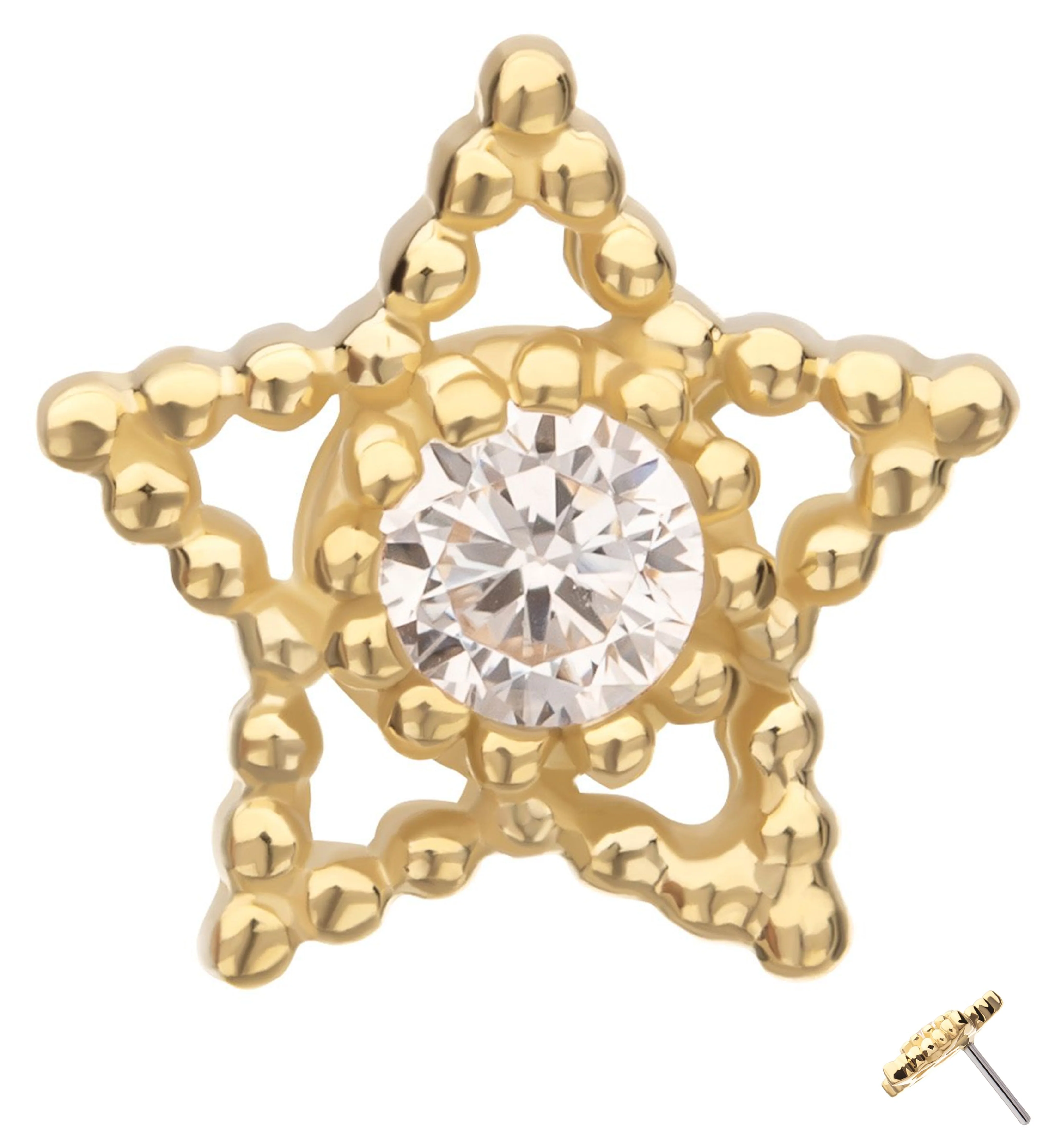 14kt Gold Beaded Star Outline Clear CZ Threadless Top - Mrs Treak