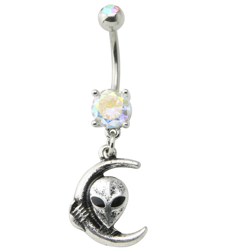 Alien Moon Rainbow Aurora CZ Dangle Stainless Steel Belly Button Ring - Mrs Treak