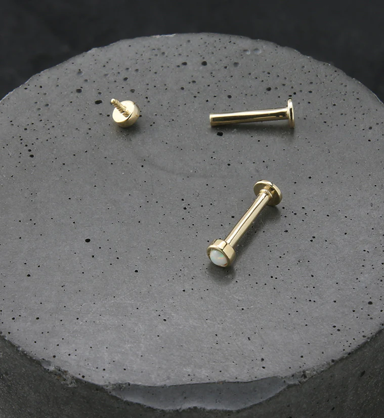 14kt Gold Bezel White Opalite Internally Threaded Labret - Mrs Treak