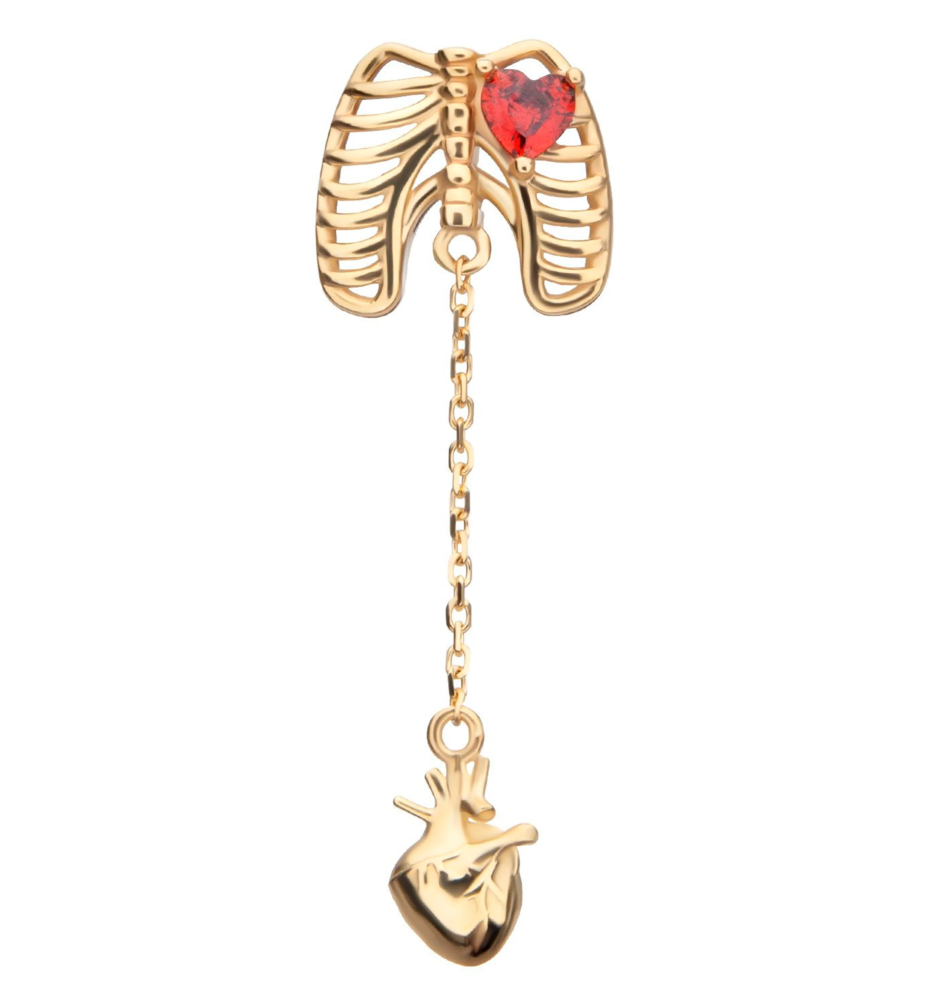 14kt Gold Ribcage Dangle Anatomical Heart Threadless Top - Mrs Treak