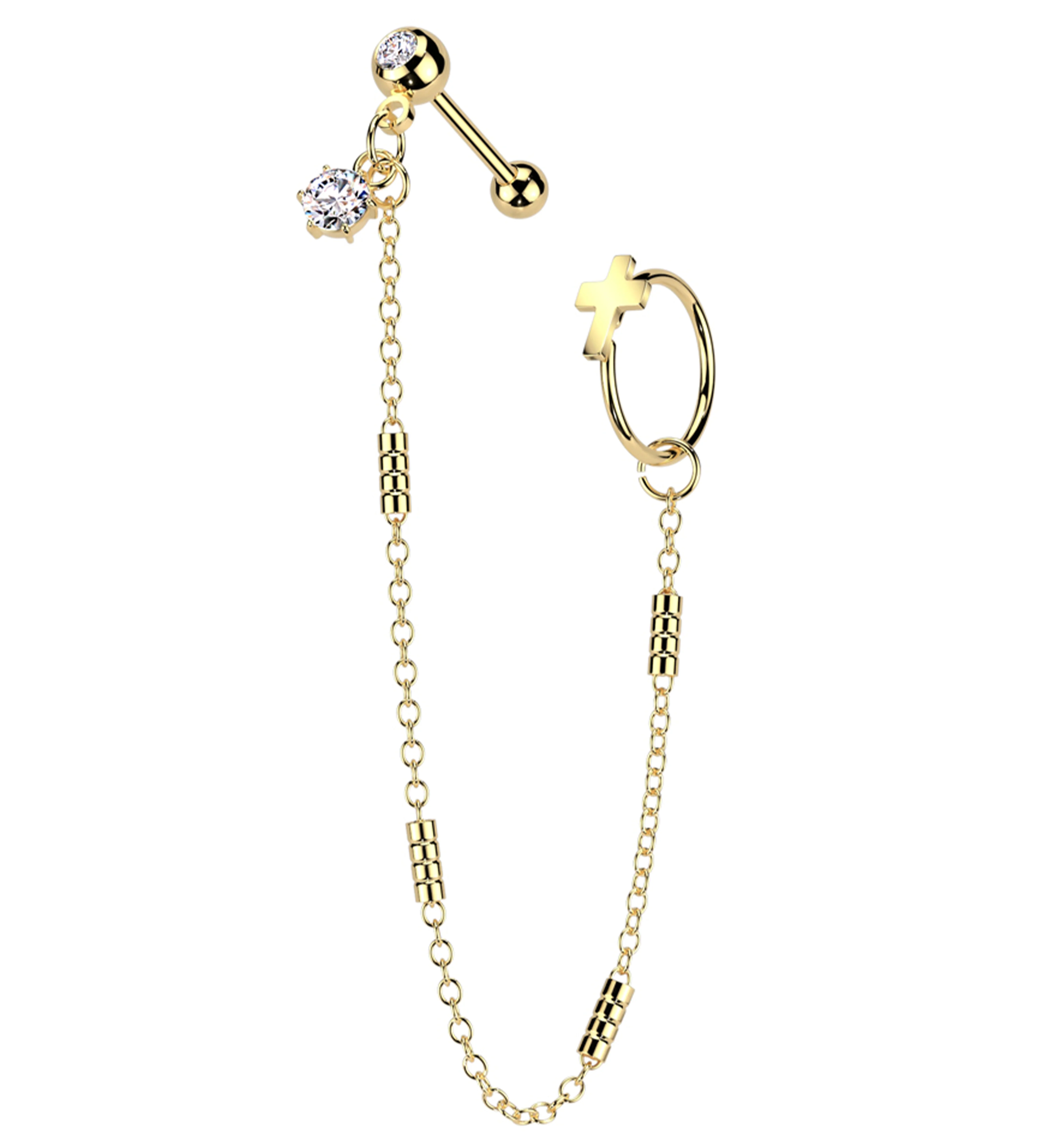Gold PVD Cross Hoop/Barbell Clear CZ Stainless Steel Piercing Chain - Mrs Treak