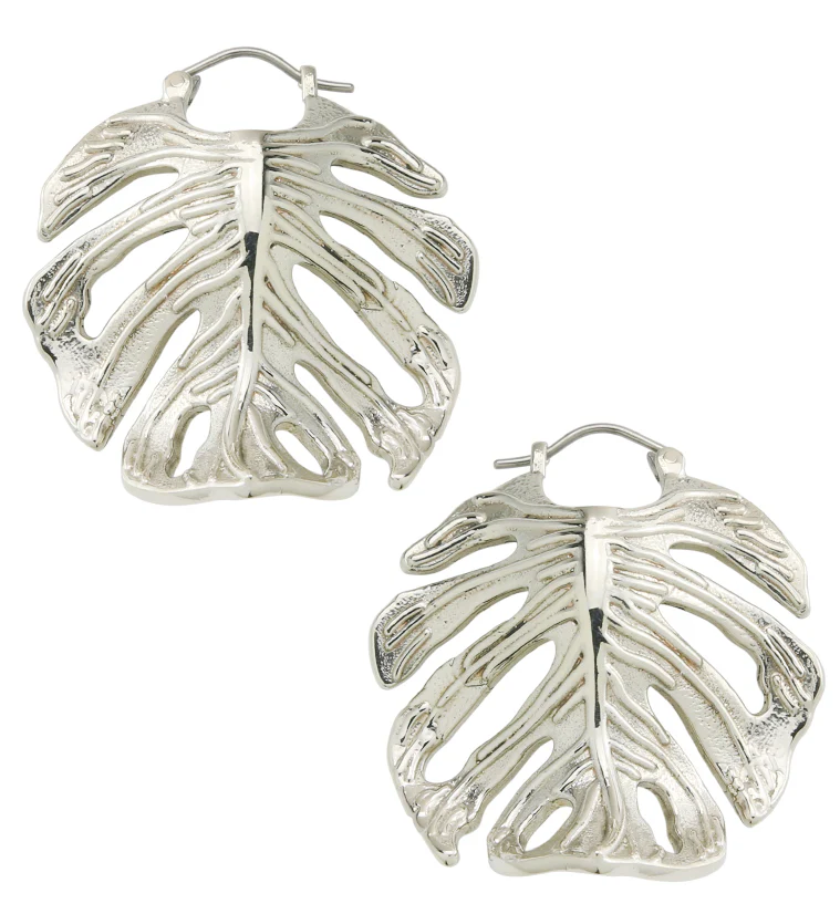 Monstera Variegata Leaf White Brass Hangers / Earrings - Mrs Treak