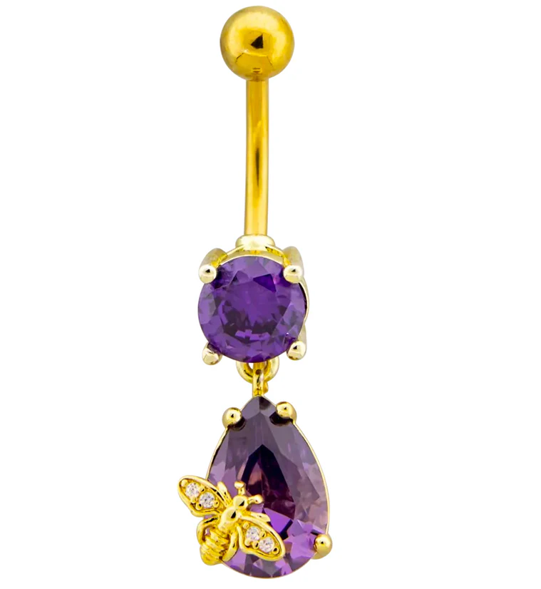 Gold PVD Bee Teardrop Purple CZ Stainless Steel Belly Button Ring - Mrs Treak