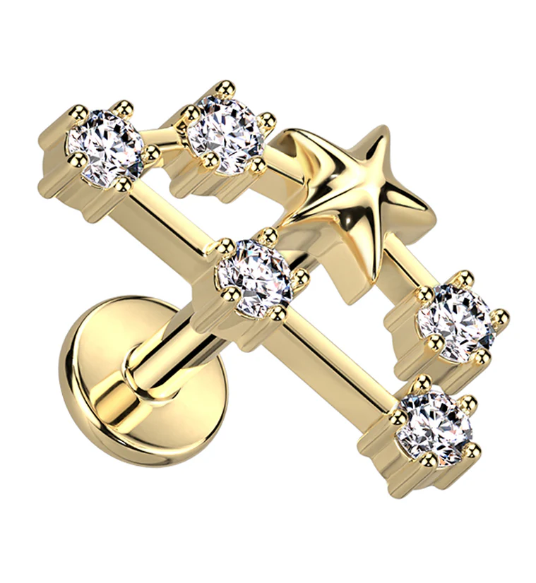 Gold PVD Capricorn Constellation Clear CZ Stainless Steel Internally Threaded Labret - Mrs Treak