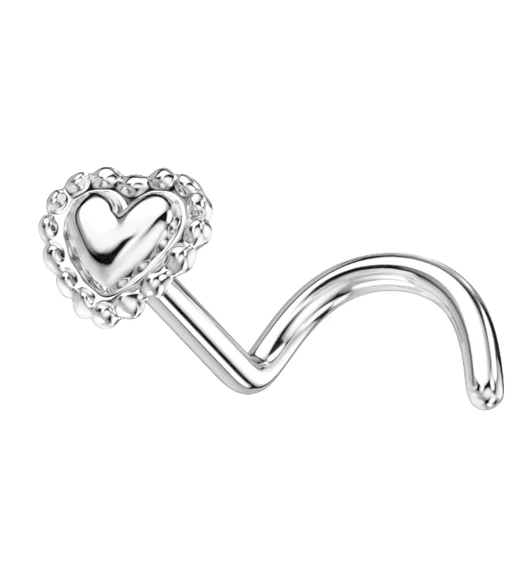 14kt White Gold Banded Heart Nose Screw - Mrs Treak