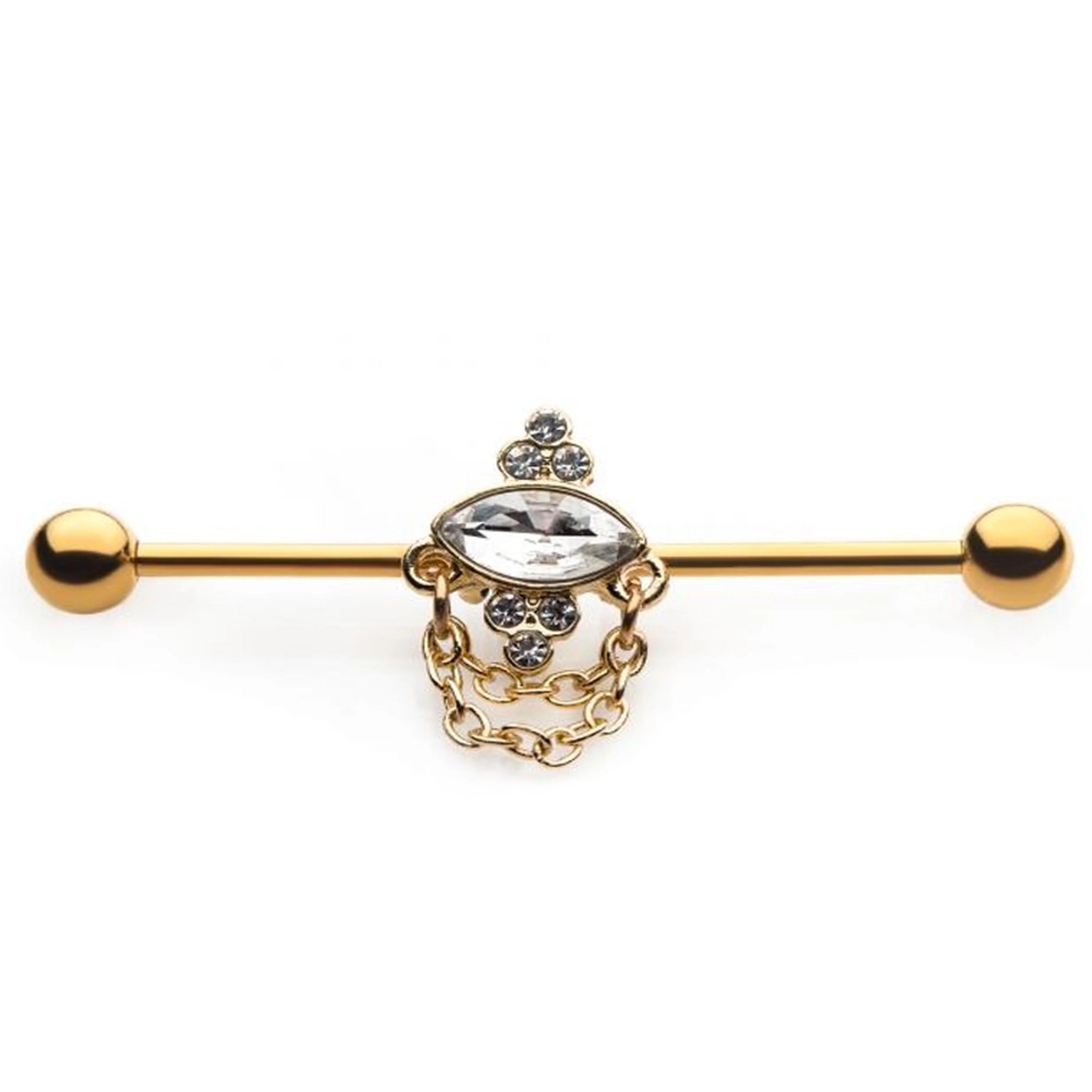 Gold PVD Ovoid Gem Chained Industrial Barbell - Mrs Treak