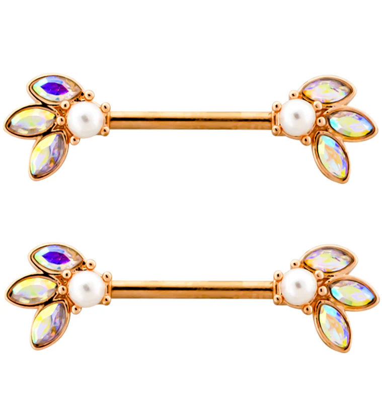 Rose Gold PVD Blossom Pearl and Rainbow Aurora CZ Stainless Steel Nipple Barbell - Mrs Treak