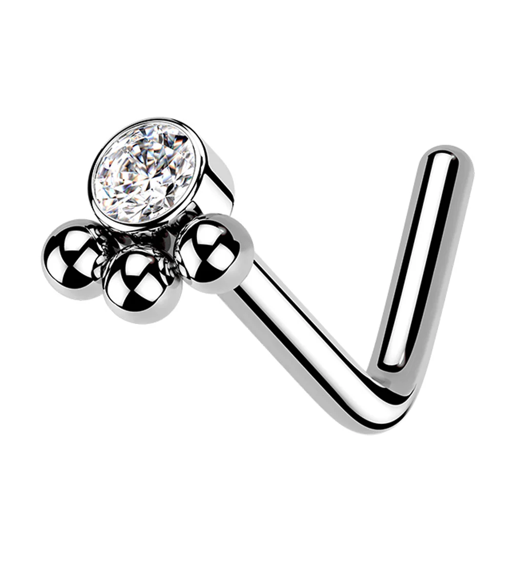 Triple Beaded Clear CZ L Bend Nose Stud - Mrs Treak