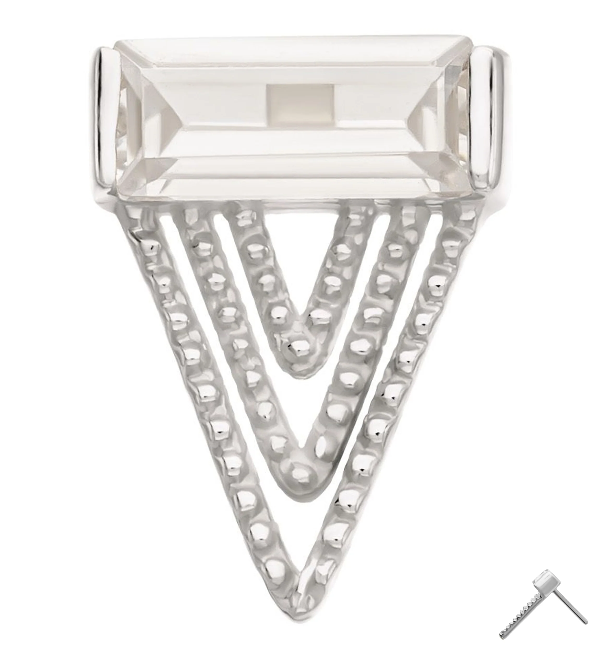 14kt White Gold Tri-Layered Point Baguette CZ Threadless Top - Mrs Treak