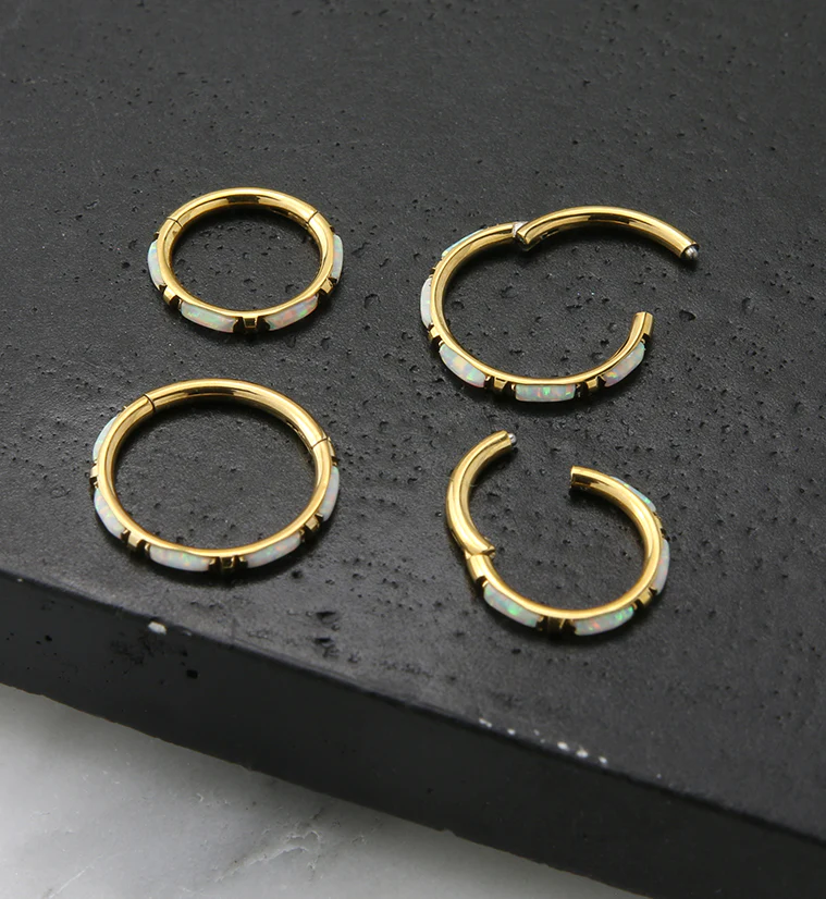 Gold PVD Oblong White Opalite Edge Hinged Segment Ring - Mrs Treak