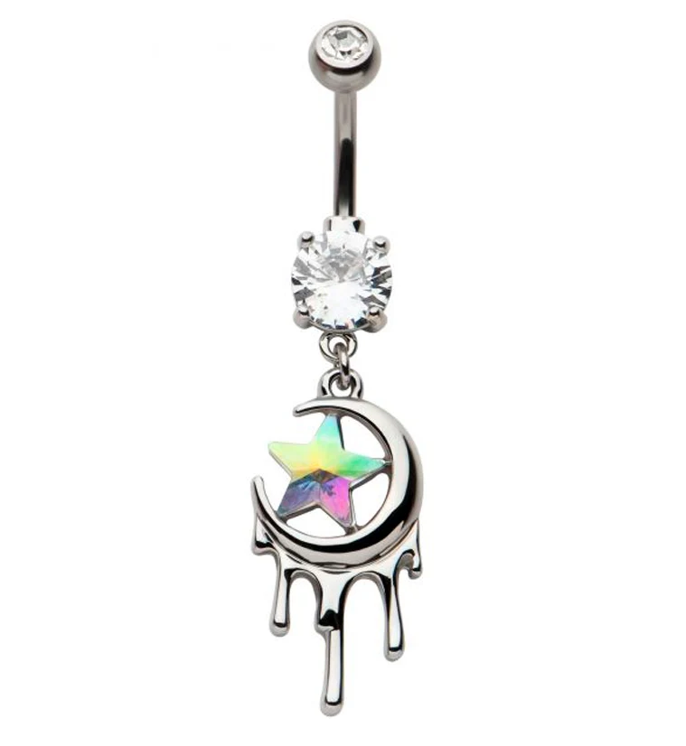 Dripping Half Moon Rainbow Aurora Star CZ Stainless Steel Belly Button Ring - Mrs Treak
