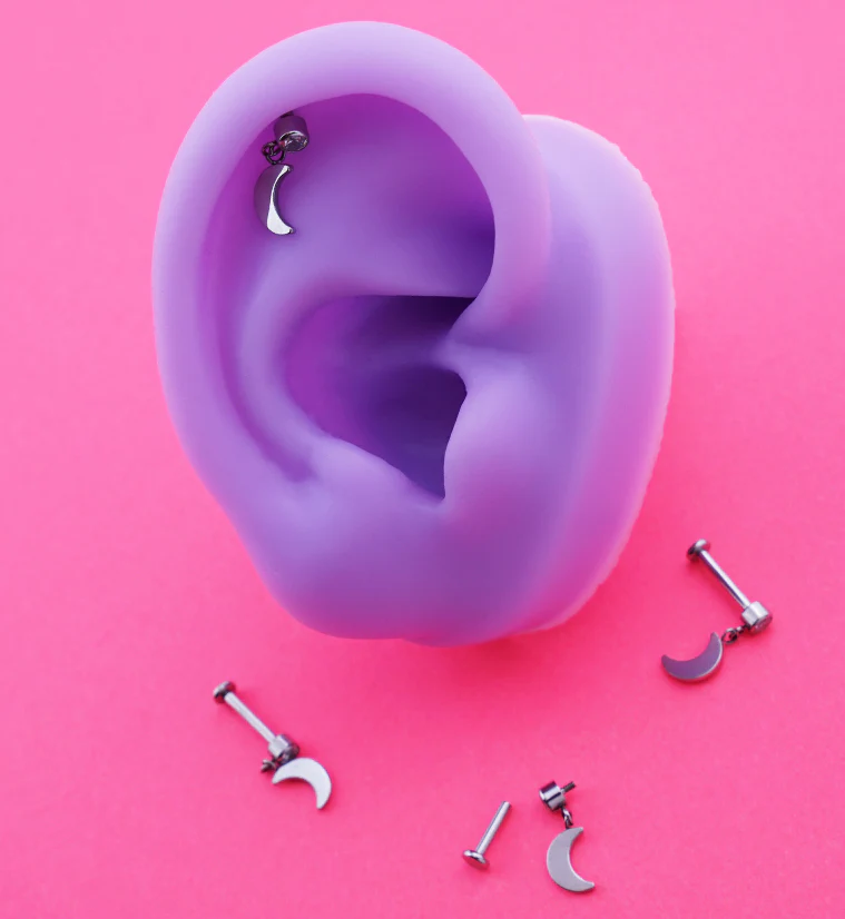 Half Moon Dangle Clear CZ Titanium Internally Threaded Labret - Mrs Treak