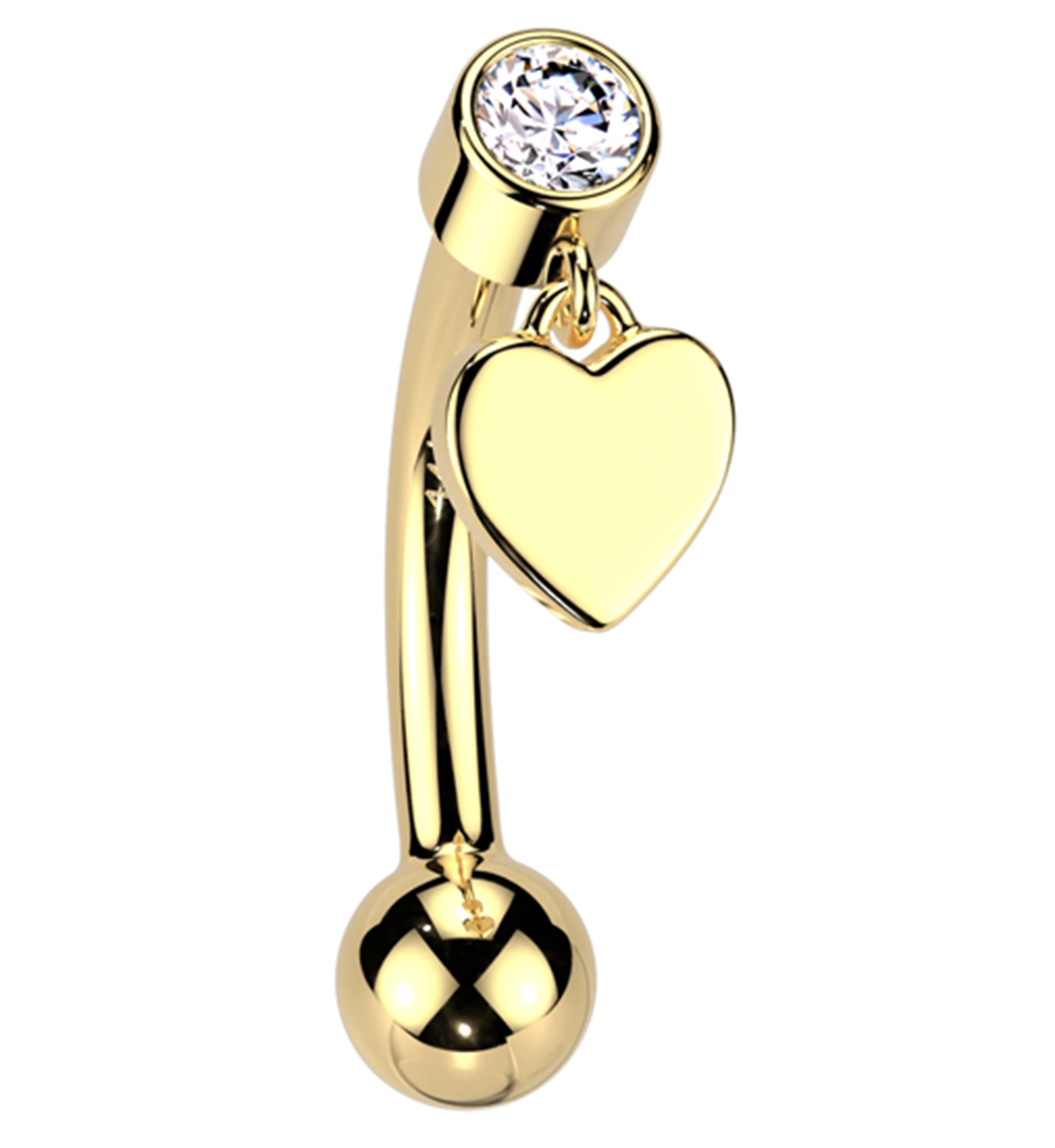 14kt Gold Heart Dangle Clear CZ Threadless Curved Barbell - Mrs Treak