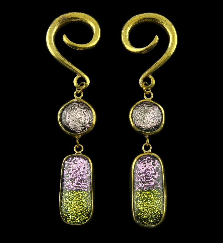 Fiesta Double Oblong Dichroic Glass Brass Ear Weights - Mrs Treak