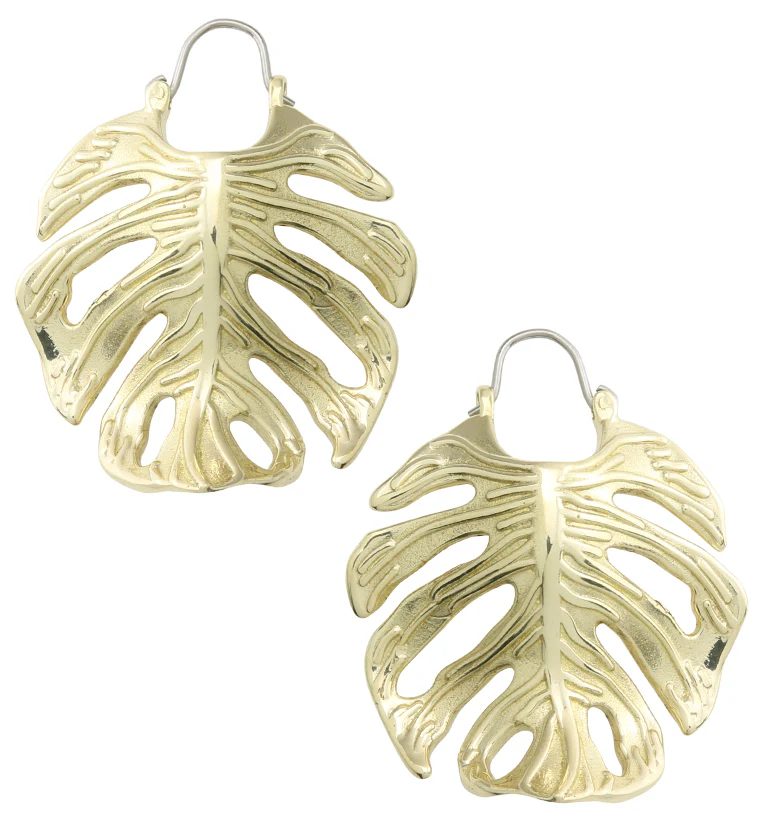Monstera Variegata Leaf Brass Hangers / Earrings - Mrs Treak